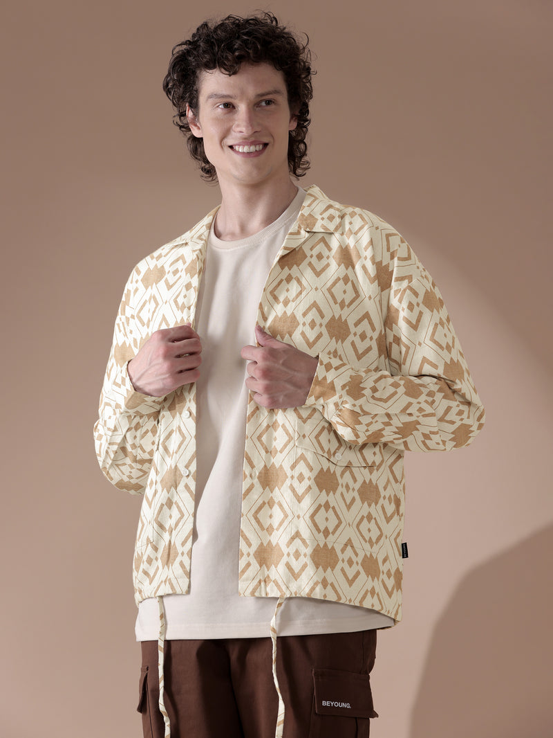 Printed Urban Shirt for Men - White and Brown