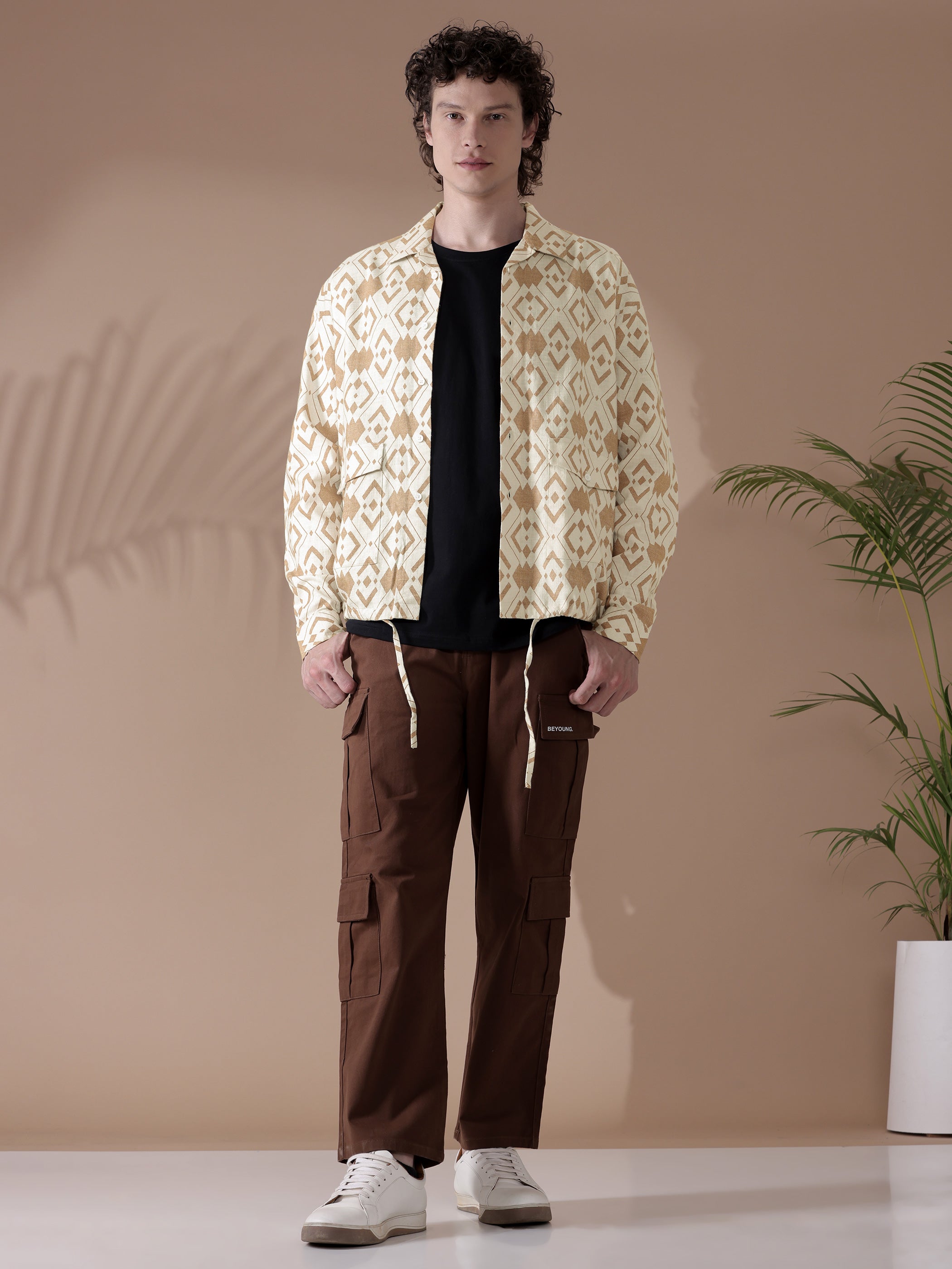 Printed Urban Shirt for Men - White and Brown