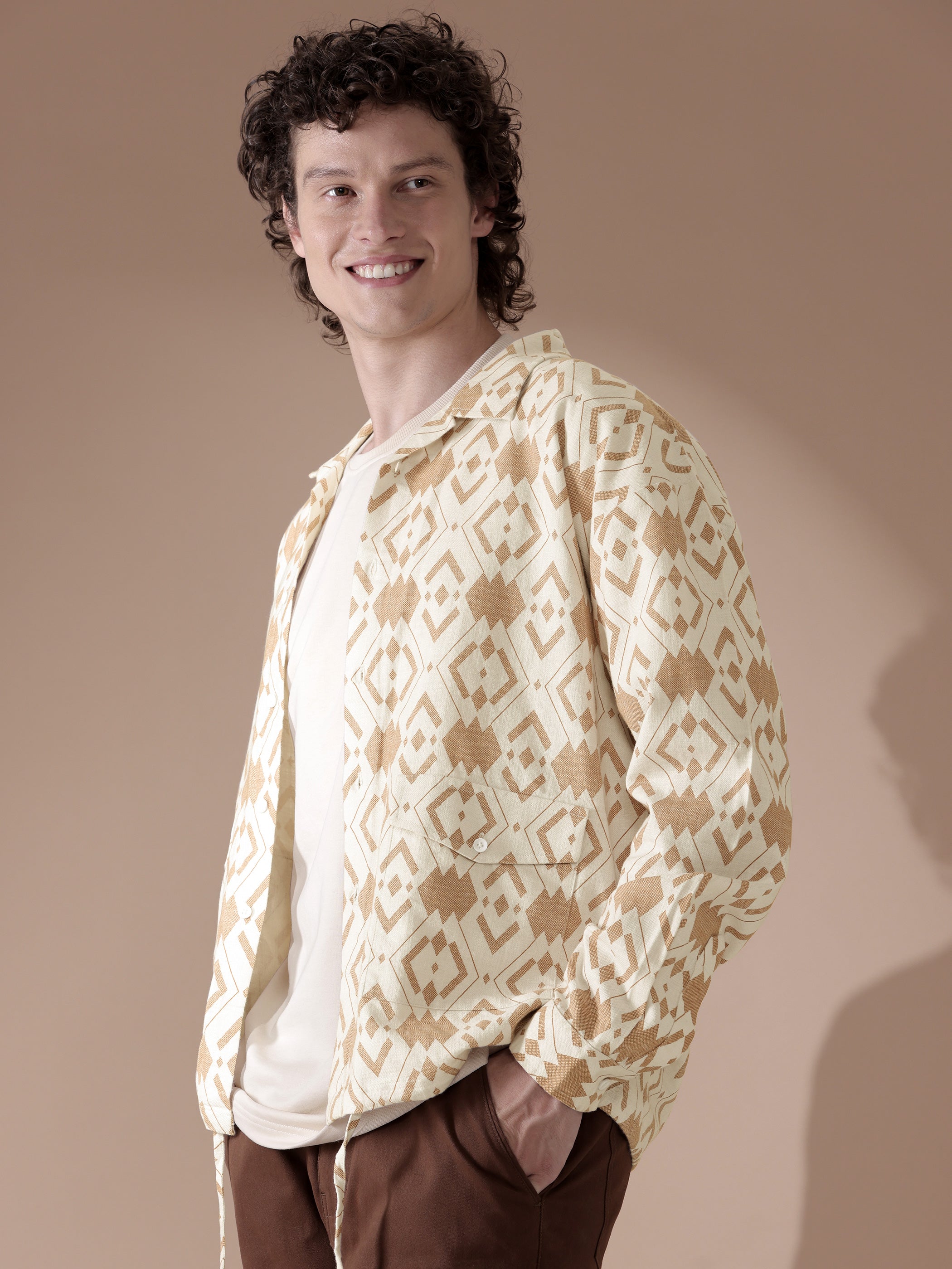 Printed Urban Shirt for Men - White and Brown