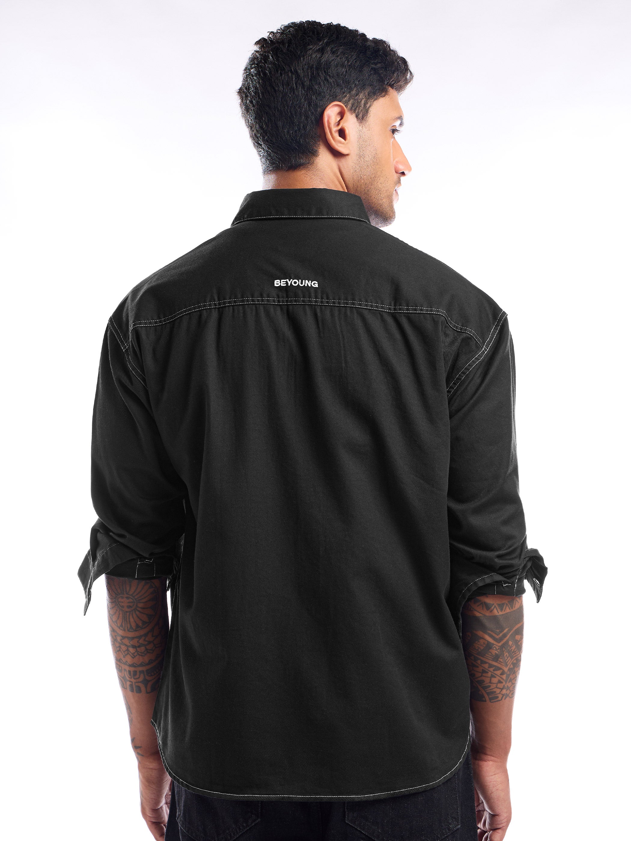 Contrast Stitch Jacket Shirt for Men - Black