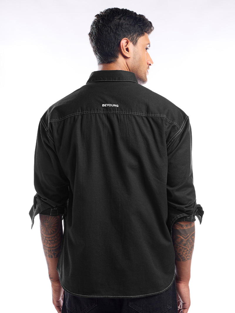 Contrast Stitch Jacket Shirt for Men - Black
