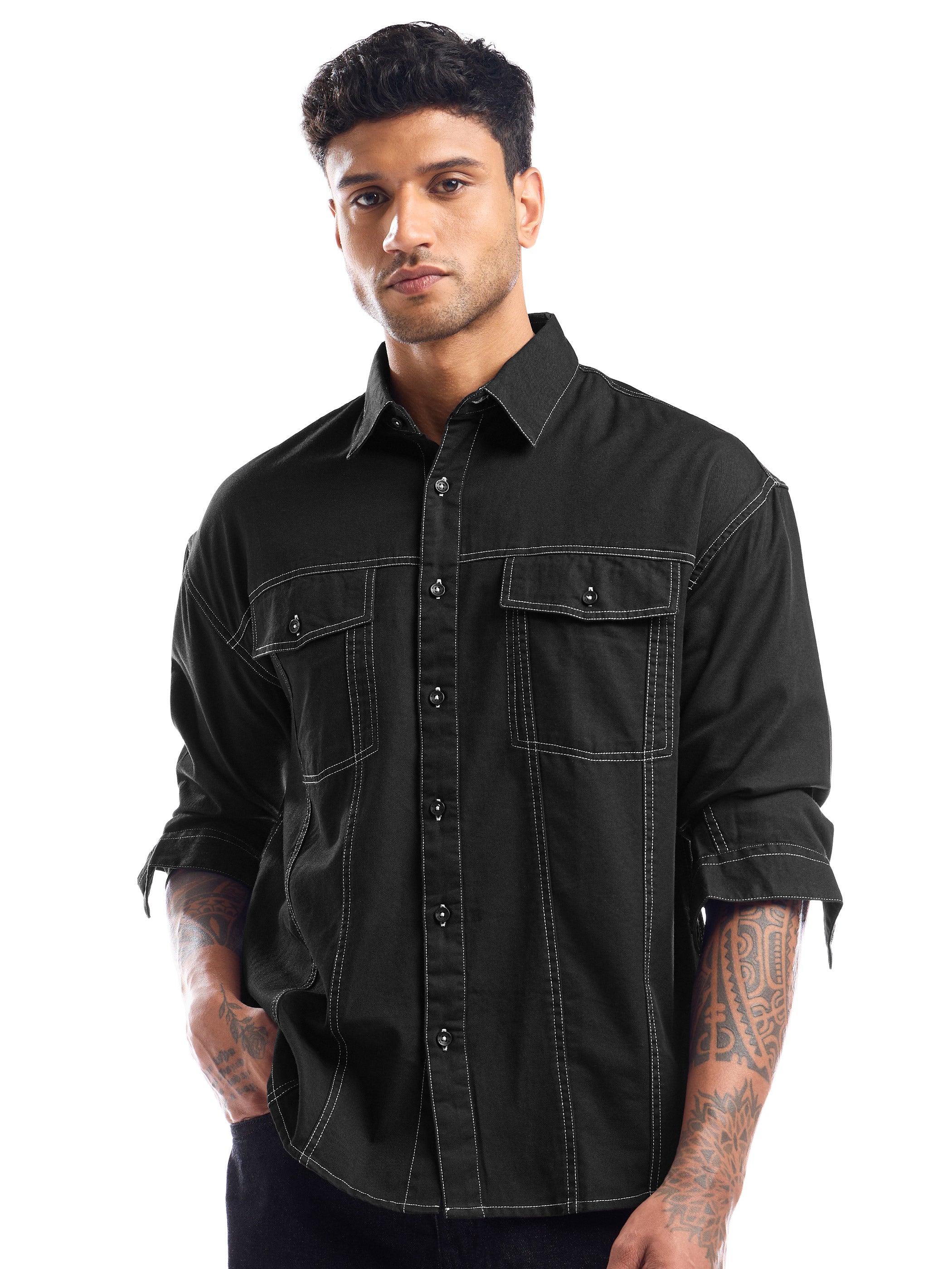Contrast Stitch Jacket Shirt for Men - Black