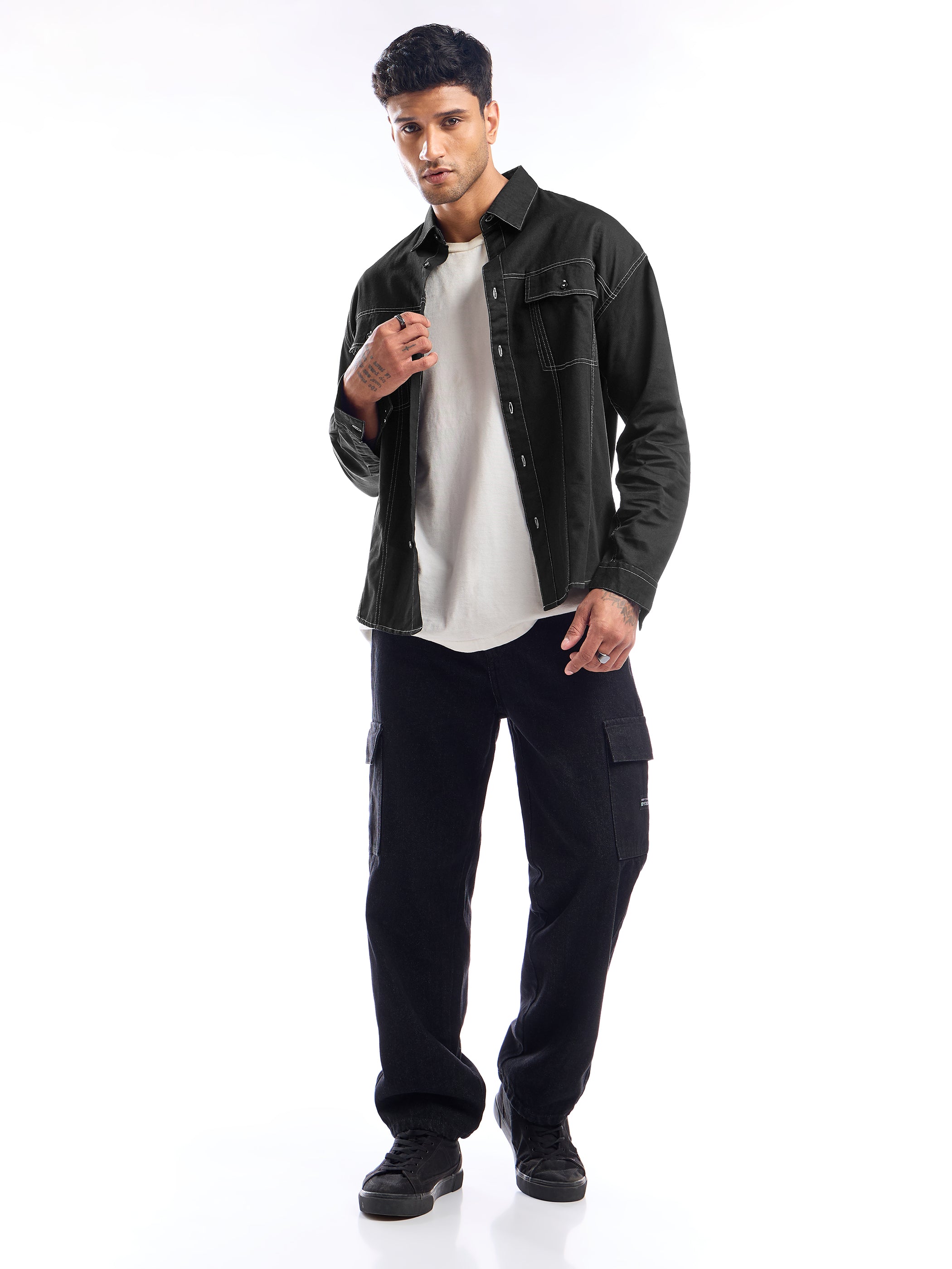 Contrast Stitch Jacket Shirt for Men - Black
