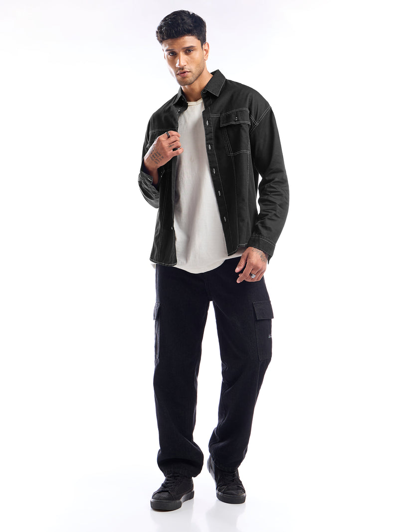Contrast Stitch Jacket Shirt for Men - Black