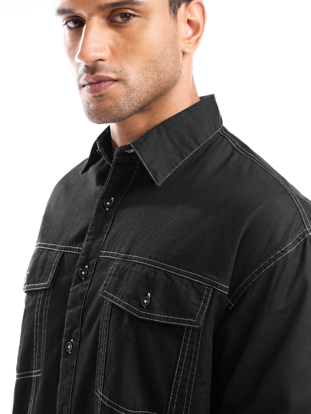 Contrast Stitch Jacket Shirt for Men - Black