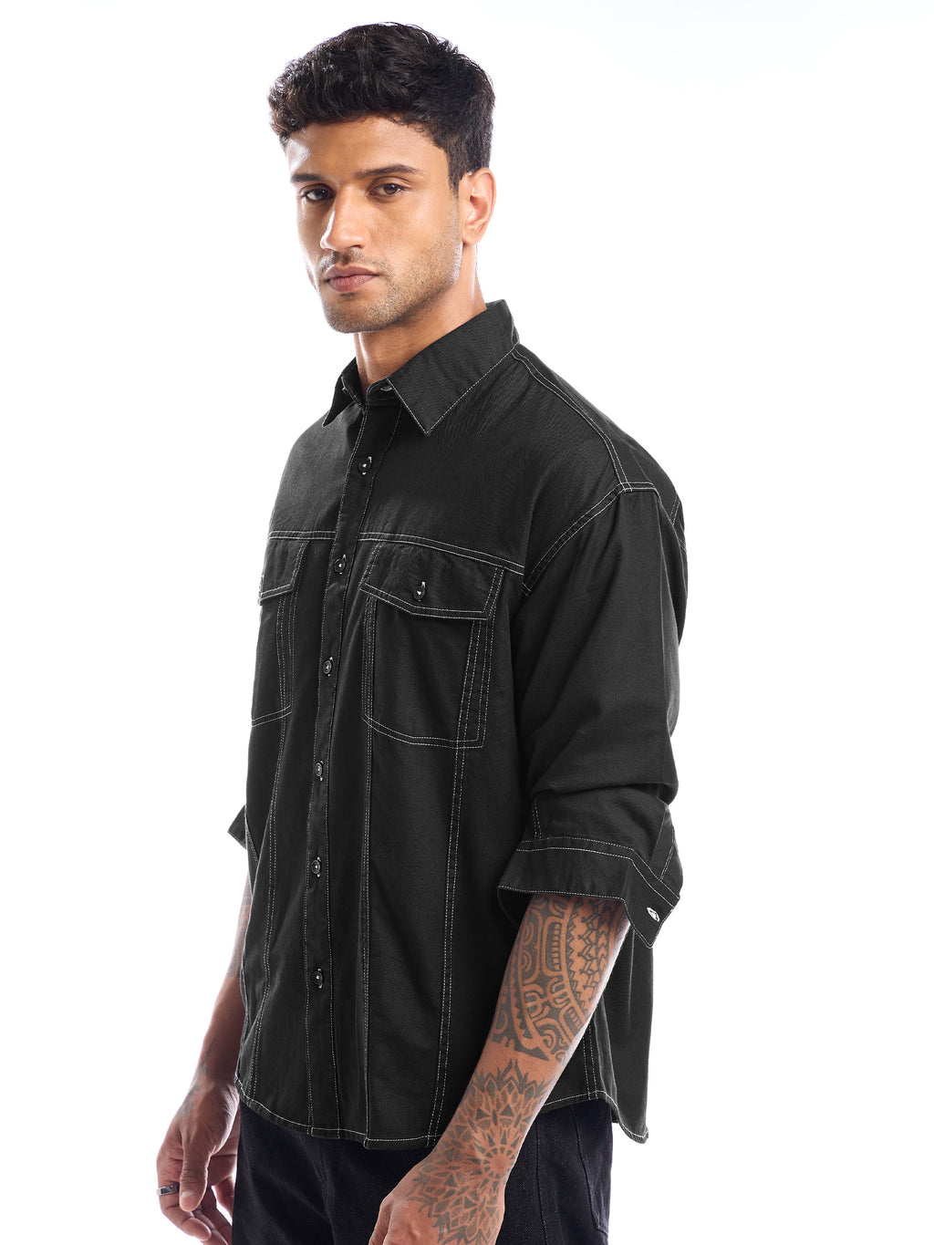 Contrast Stitch Jacket Shirt for Men - Black