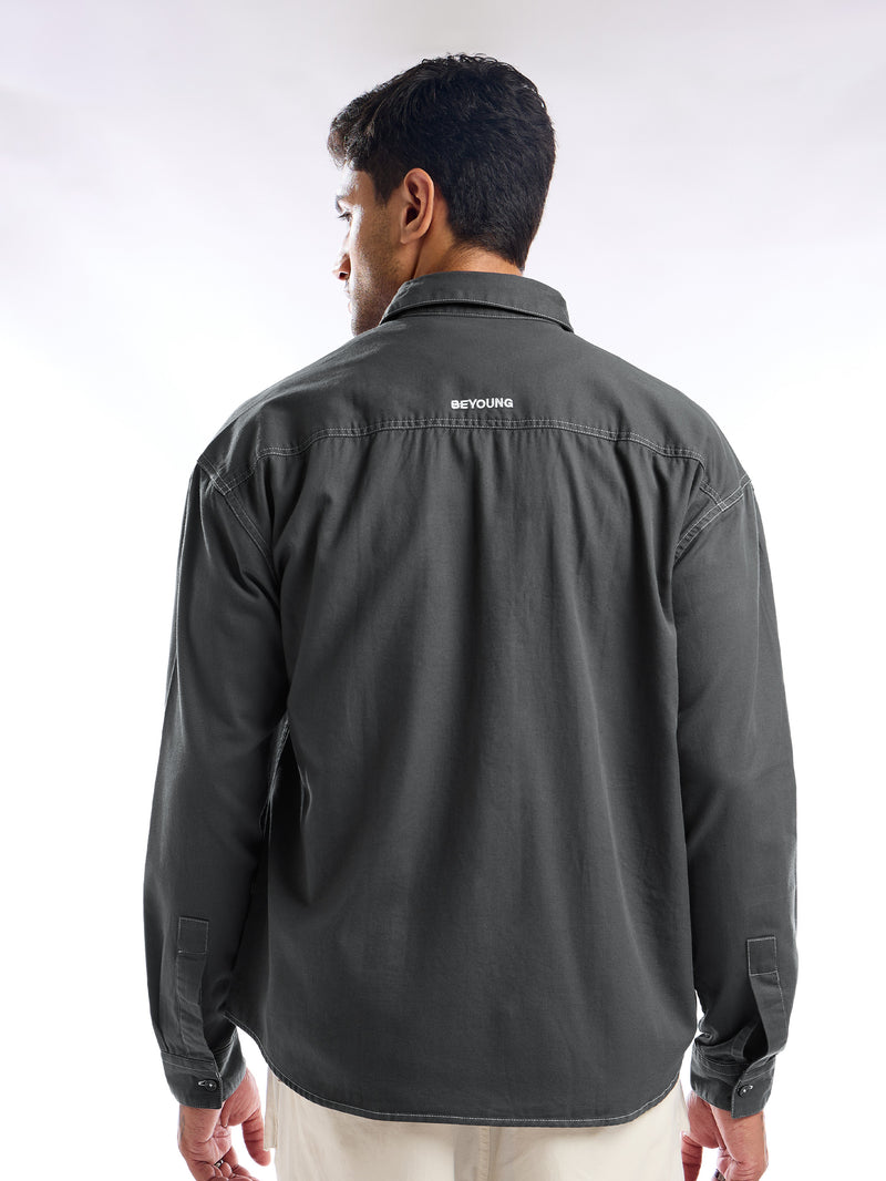 Contrast Stitch Jacket Shirt for Men - Dark Grey