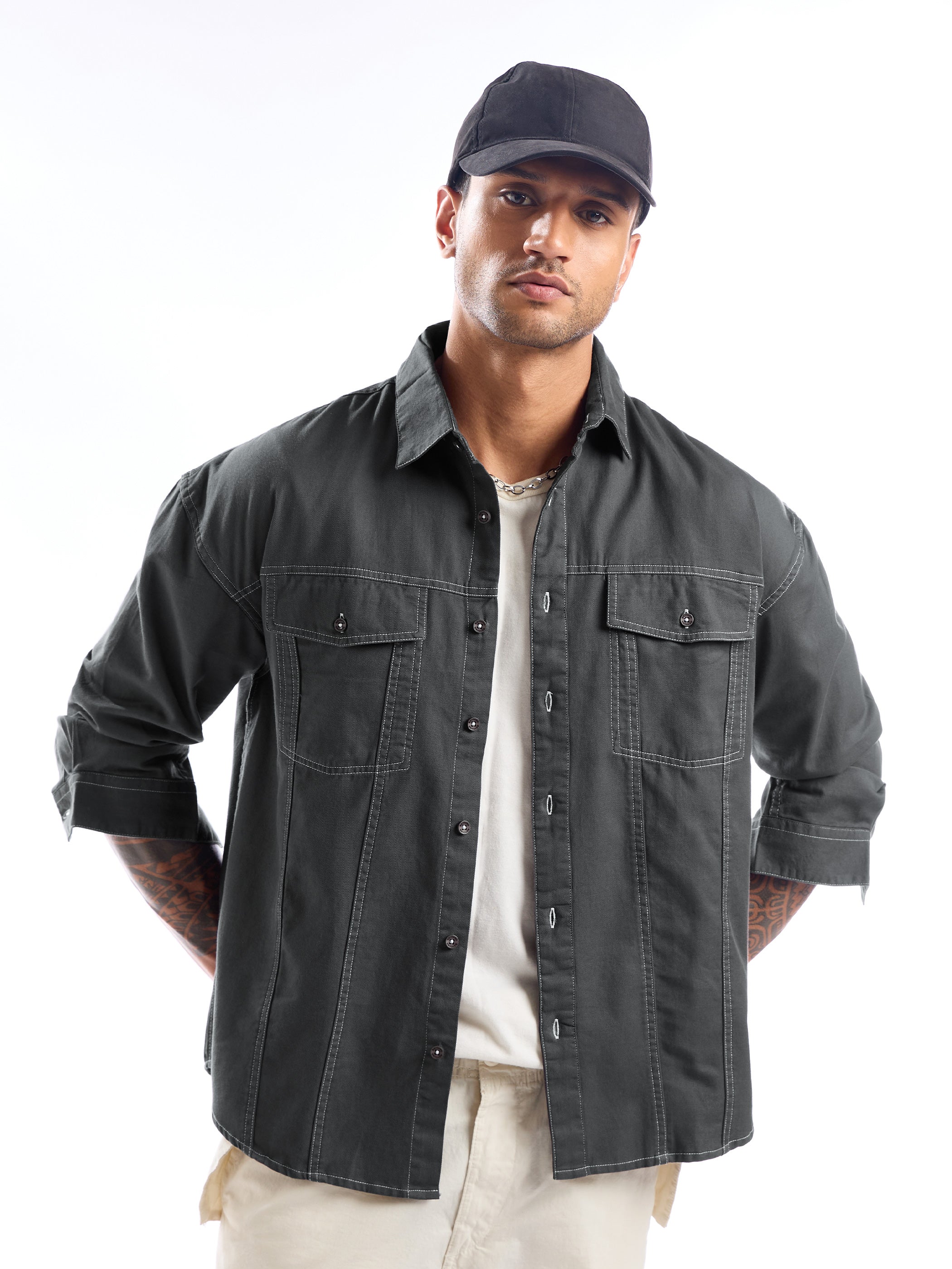 Contrast Stitch Jacket Shirt for Men - Dark Grey