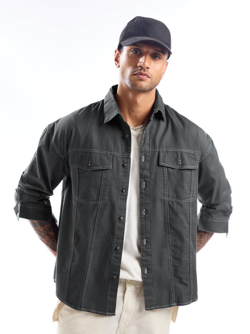 Contrast Stitch Jacket Shirt for Men - Dark Grey