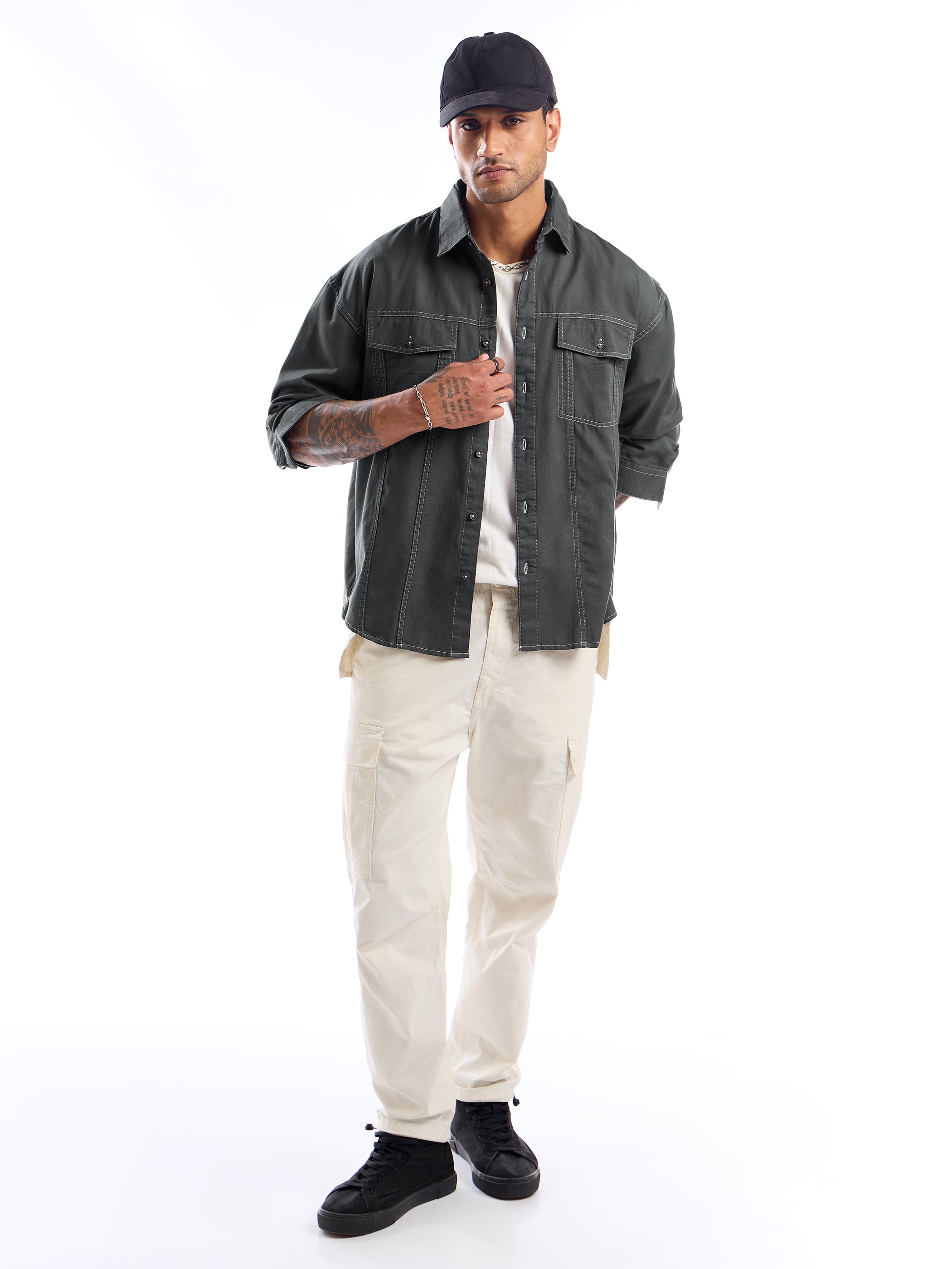 Contrast Stitch Jacket Shirt for Men - Dark Grey