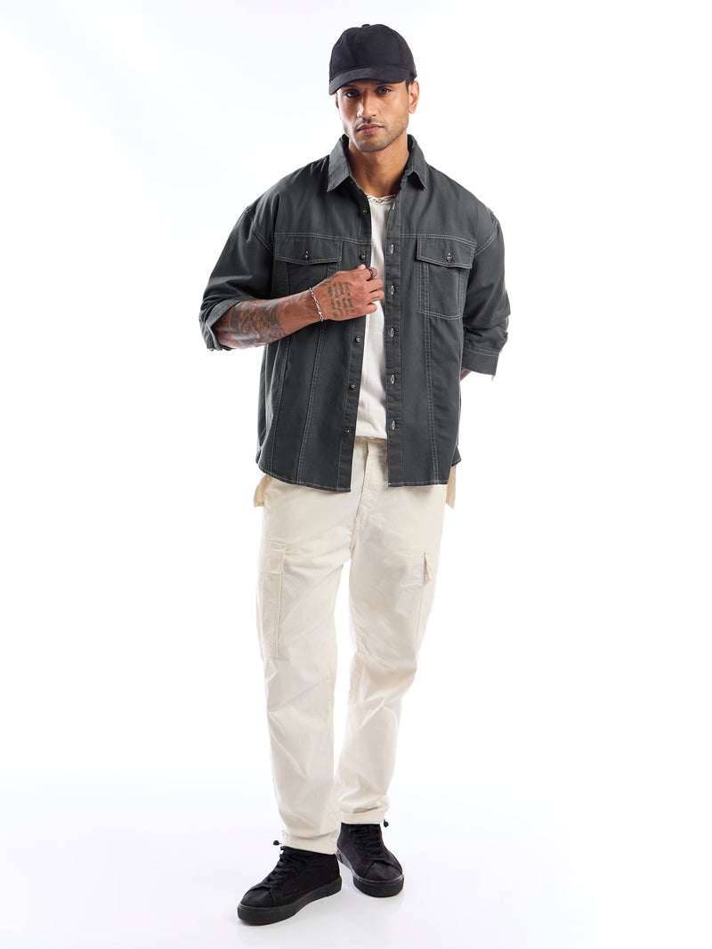 Contrast Stitch Jacket Shirt for Men - Dark Grey