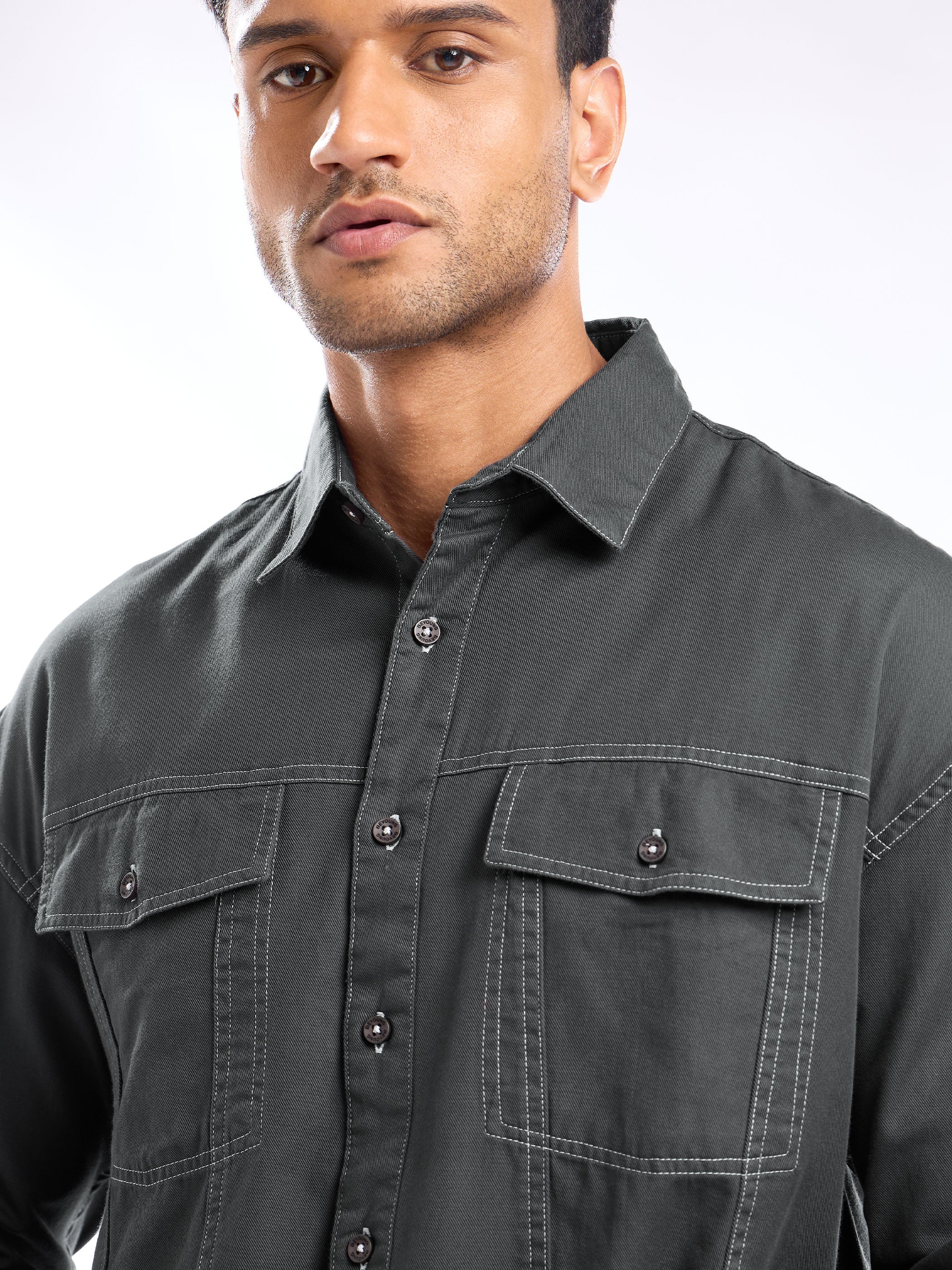 Contrast Stitch Jacket Shirt for Men - Dark Grey