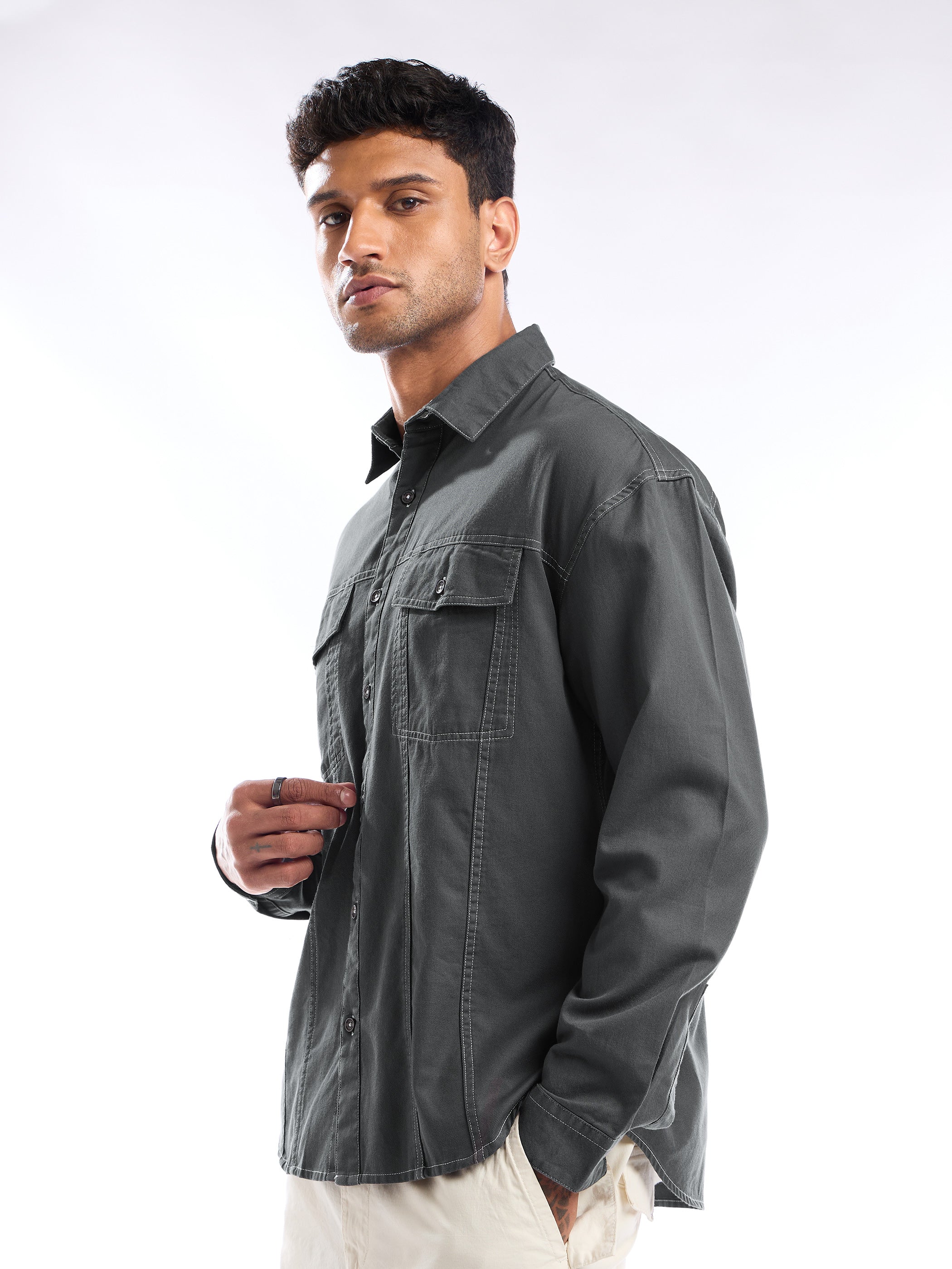 Contrast Stitch Jacket Shirt for Men - Dark Grey