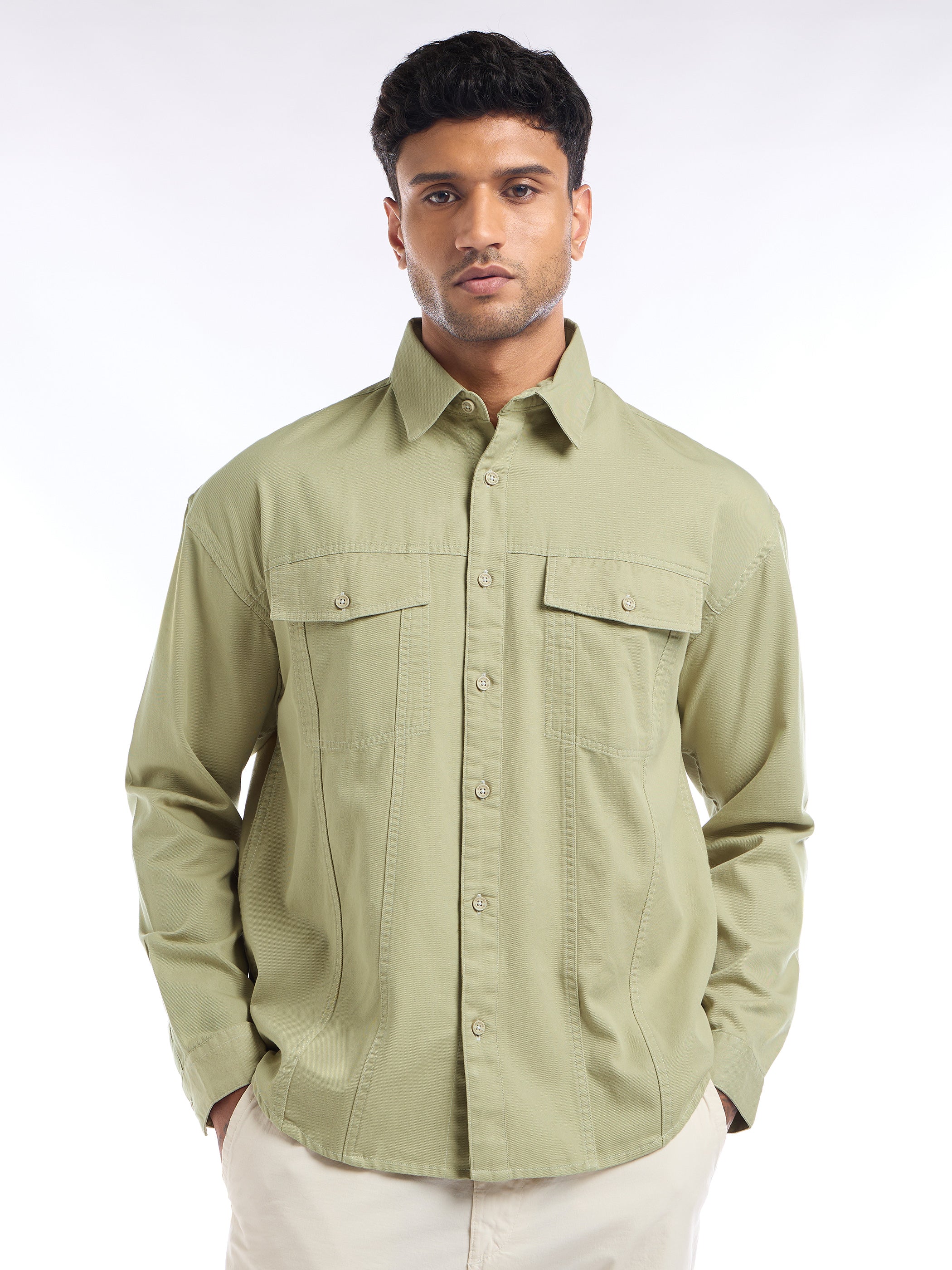 Contrast Stitch Jacket Shirt for Men - Beige