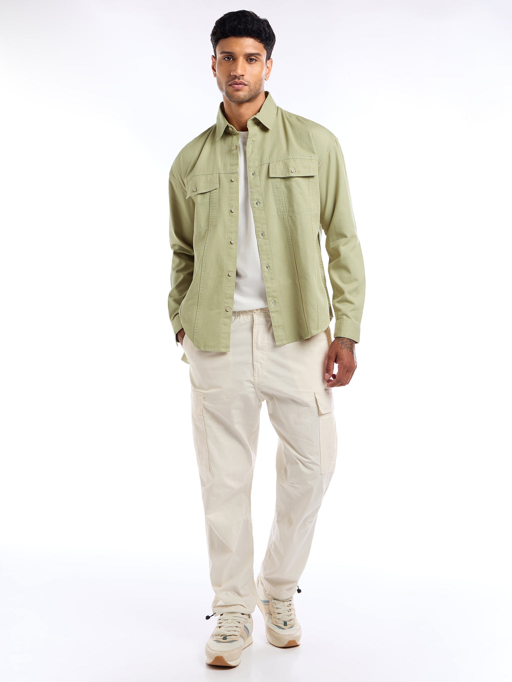 Contrast Stitch Jacket Shirt for Men - Beige