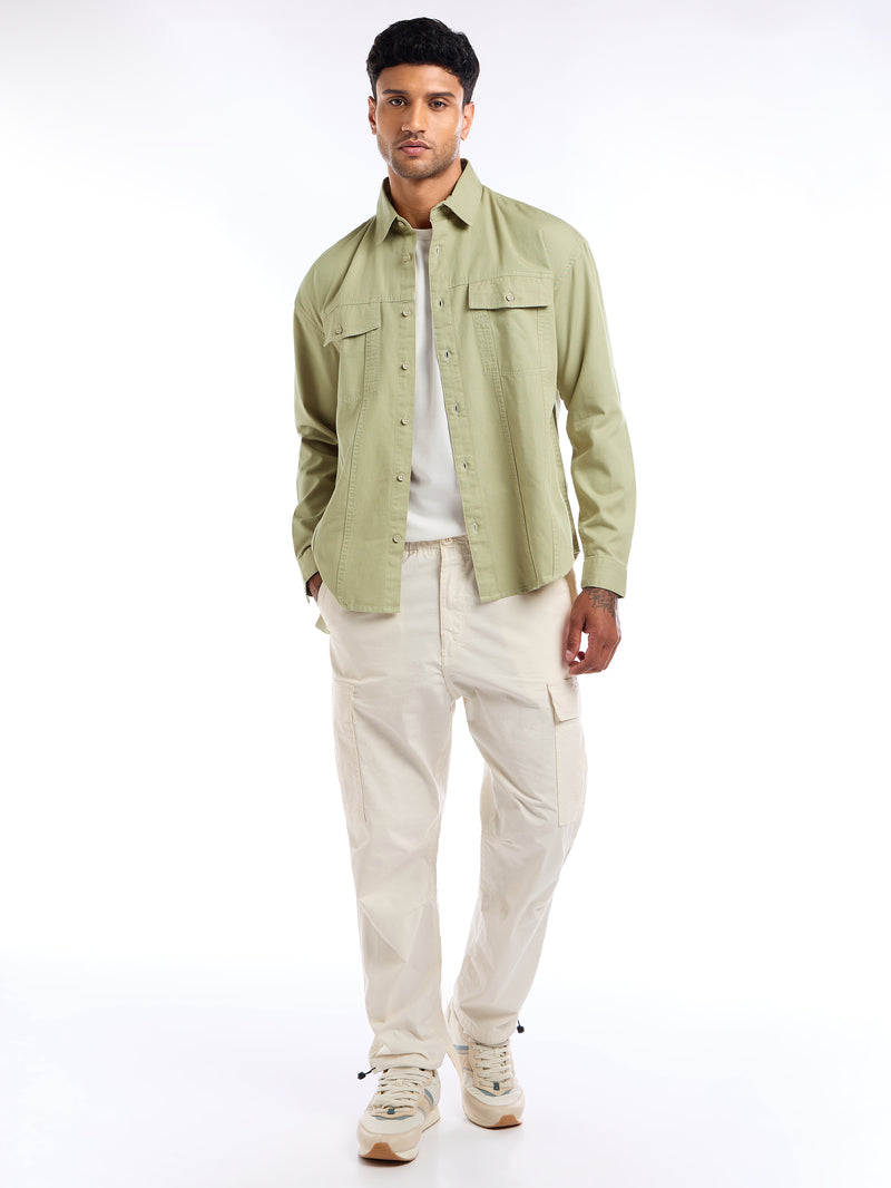Contrast Stitch Jacket Shirt for Men - Beige