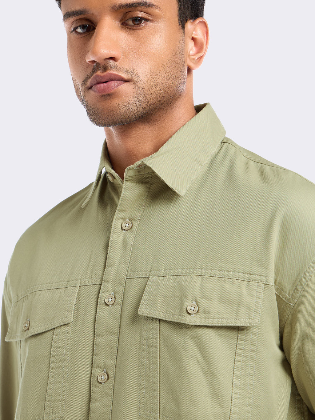 Contrast Stitch Jacket Shirt for Men - Beige