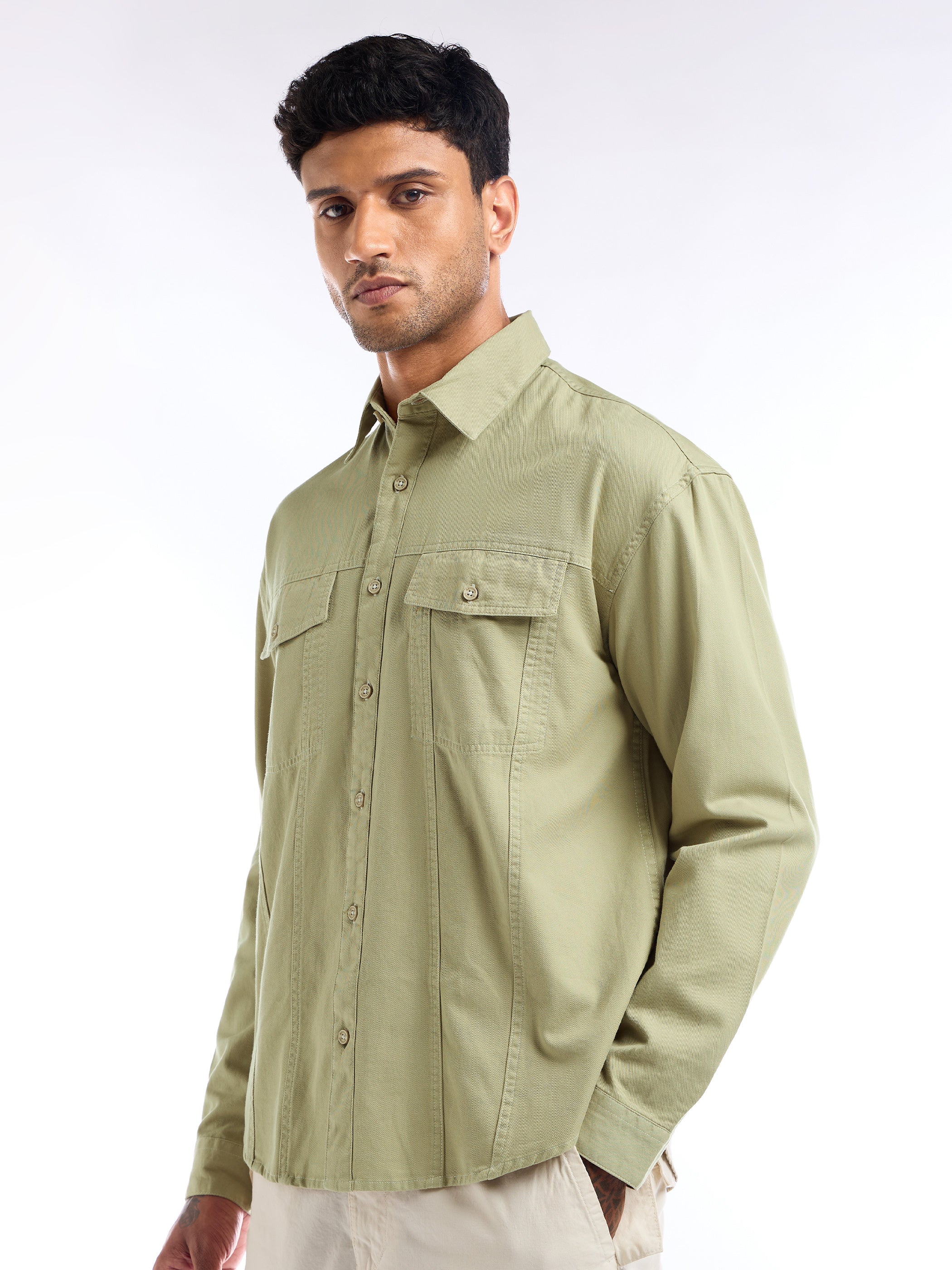 Contrast Stitch Jacket Shirt for Men - Beige
