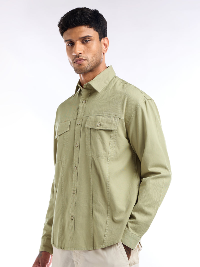 Contrast Stitch Jacket Shirt for Men - Beige