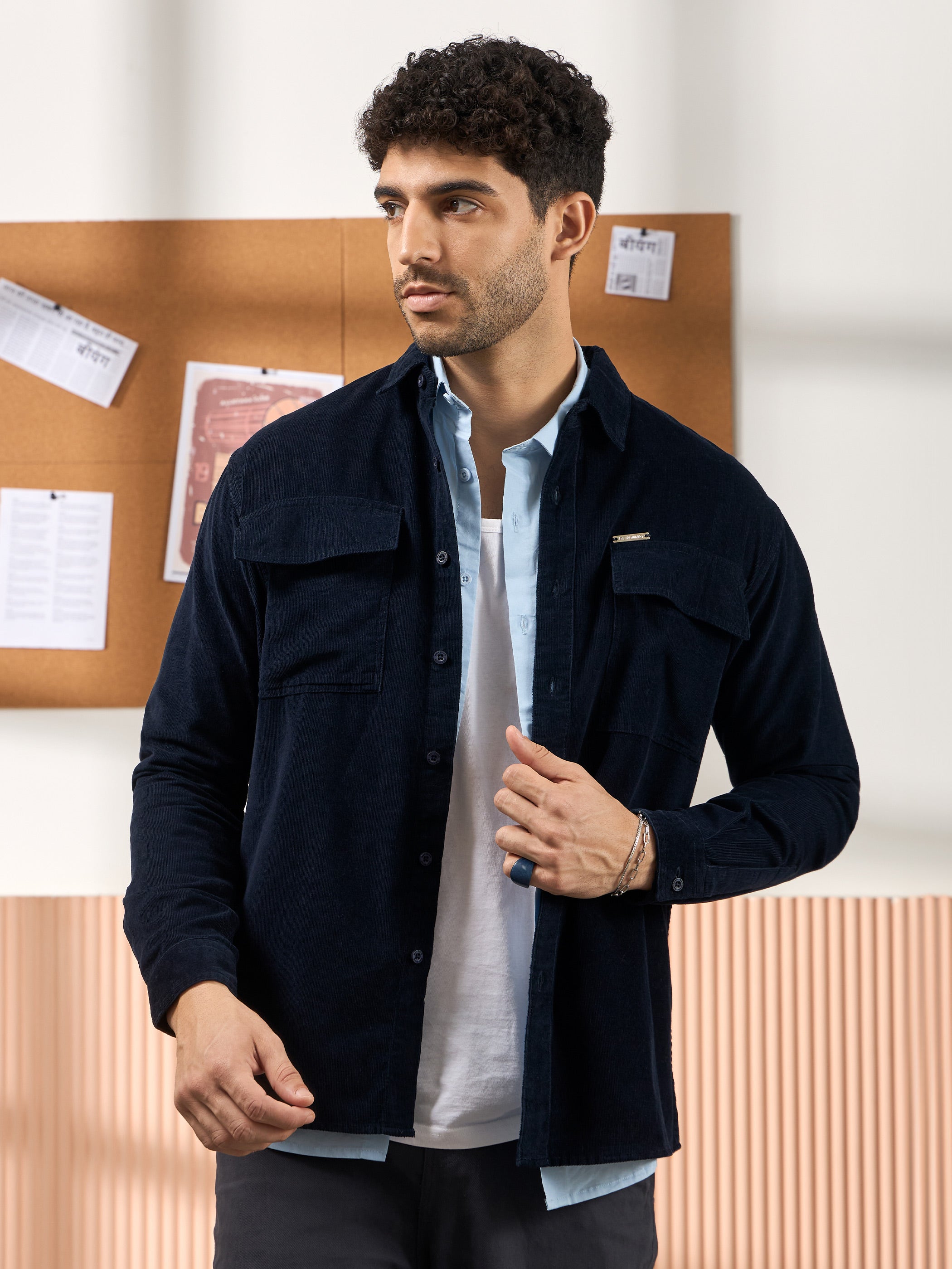 Men Regualr Fit Shirt with Flap Pockets - Midnight Blue