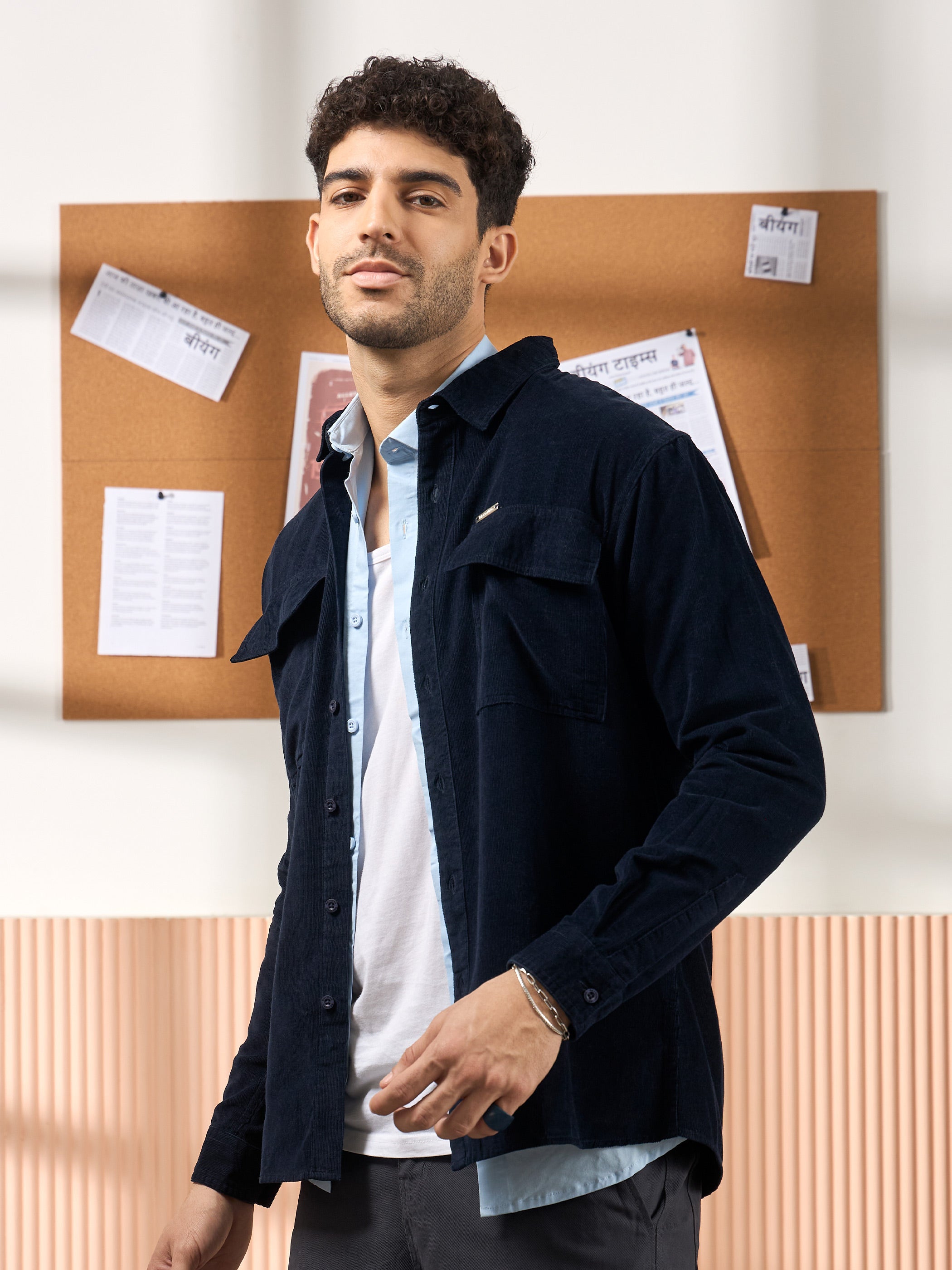 Men Regualr Fit Shirt with Flap Pockets - Midnight Blue