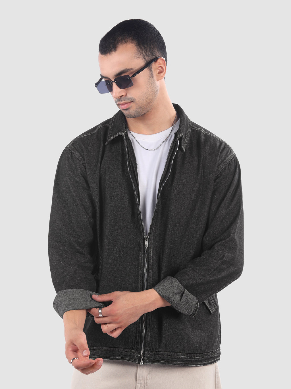 Denim Zipper Shacket - Black