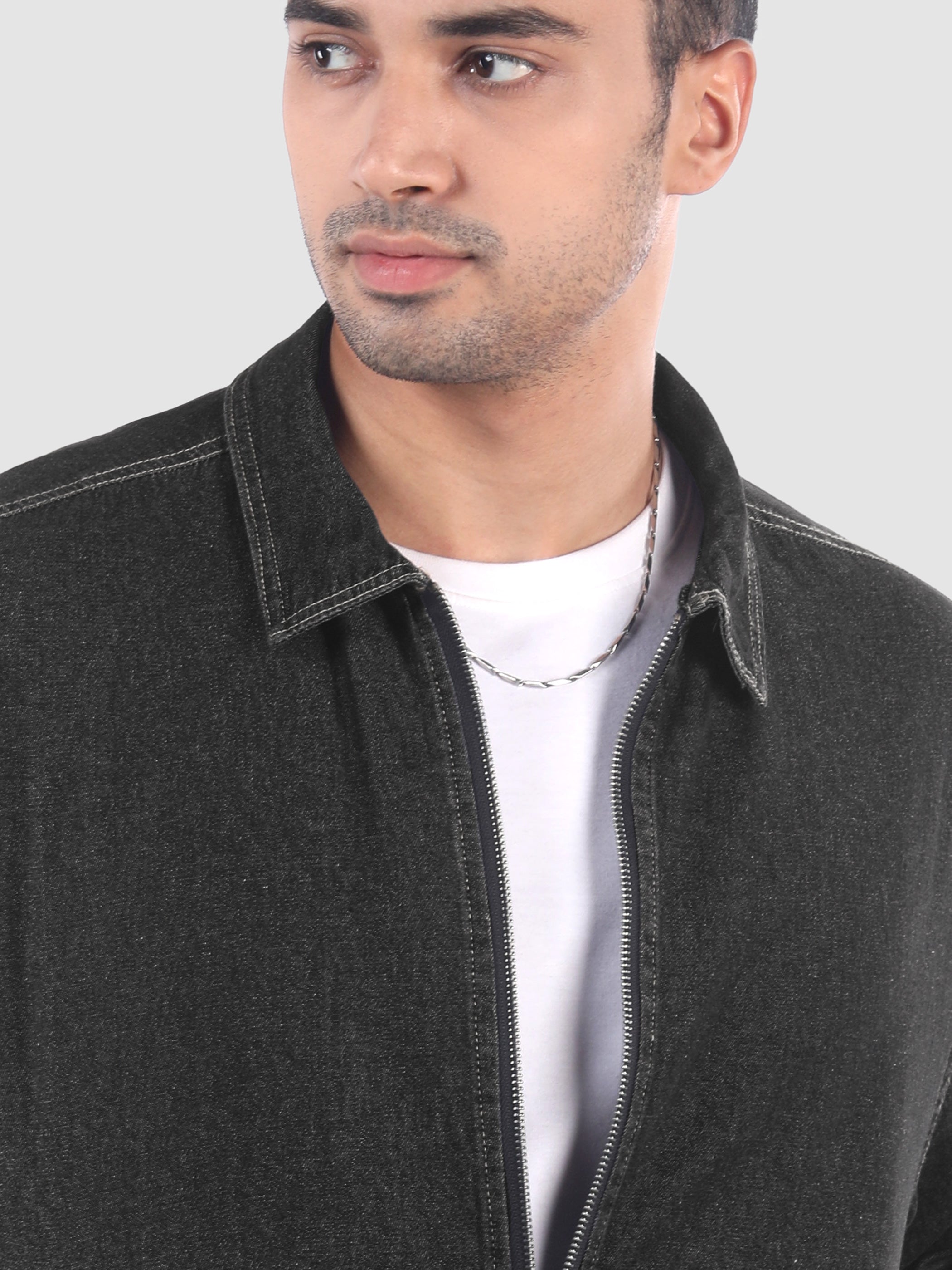 Denim Zipper Shacket - Black