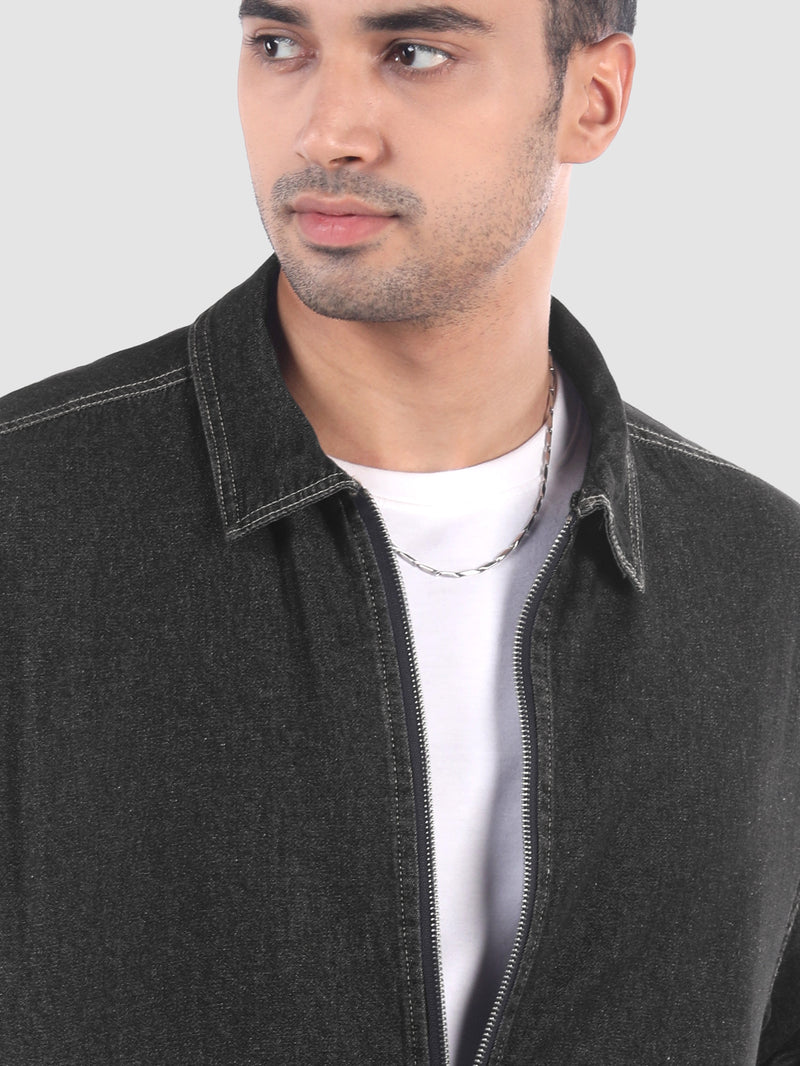 Denim Zipper Shacket - Black