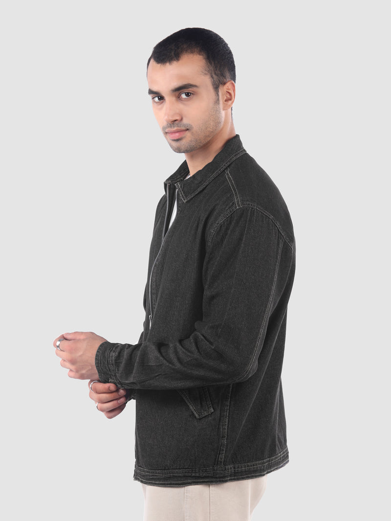 Denim Zipper Shacket - Black
