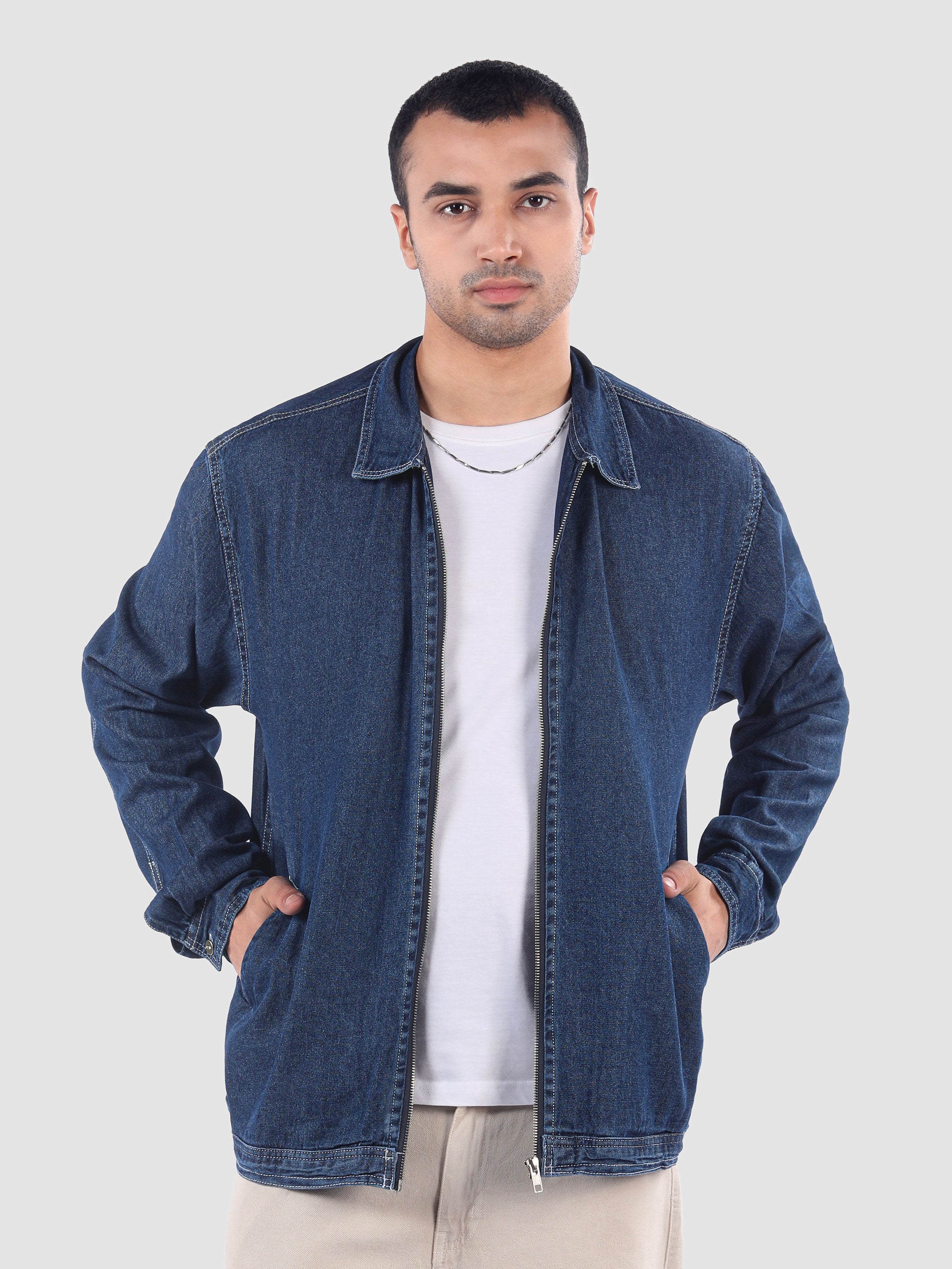 Denim Zipper Shacket - Sky Blue