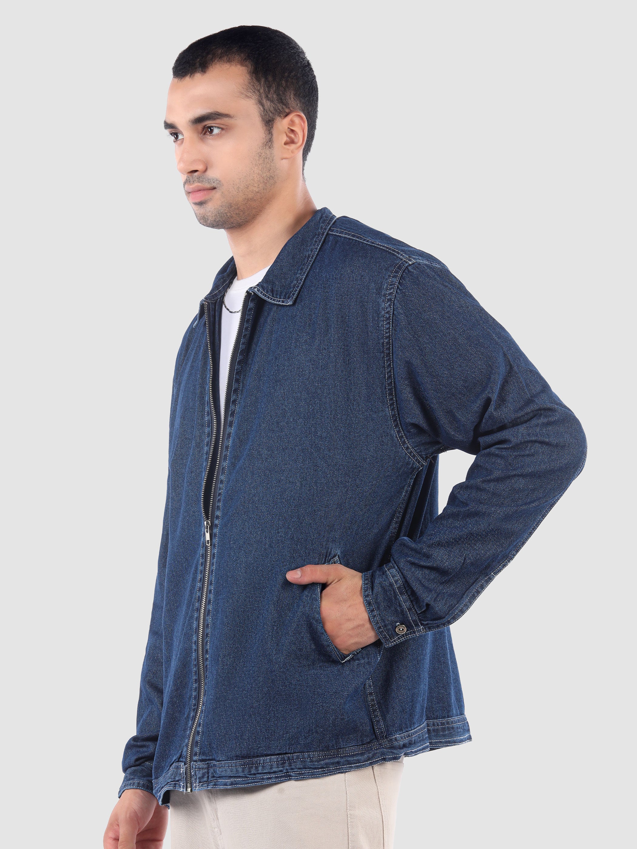 Denim Zipper Shacket - Sky Blue
