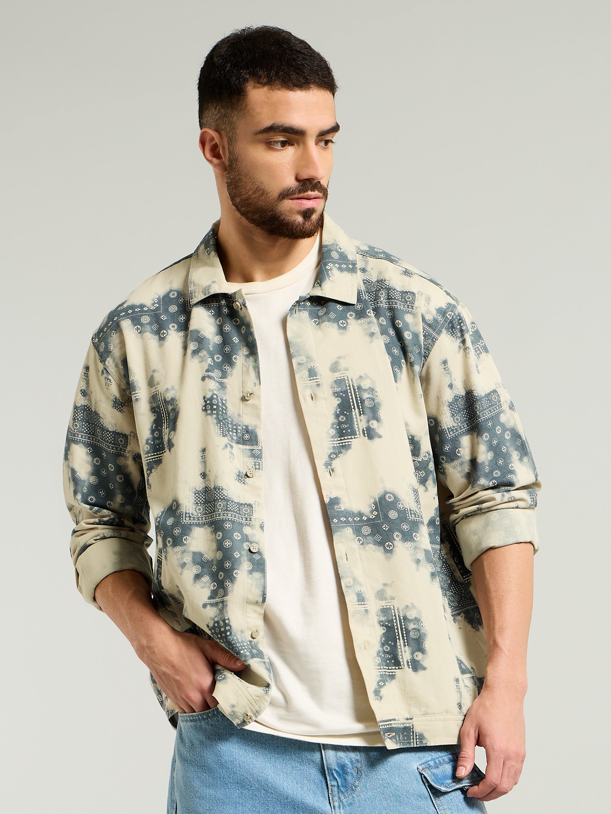 Bandana Print Shacket - Beige and Brown