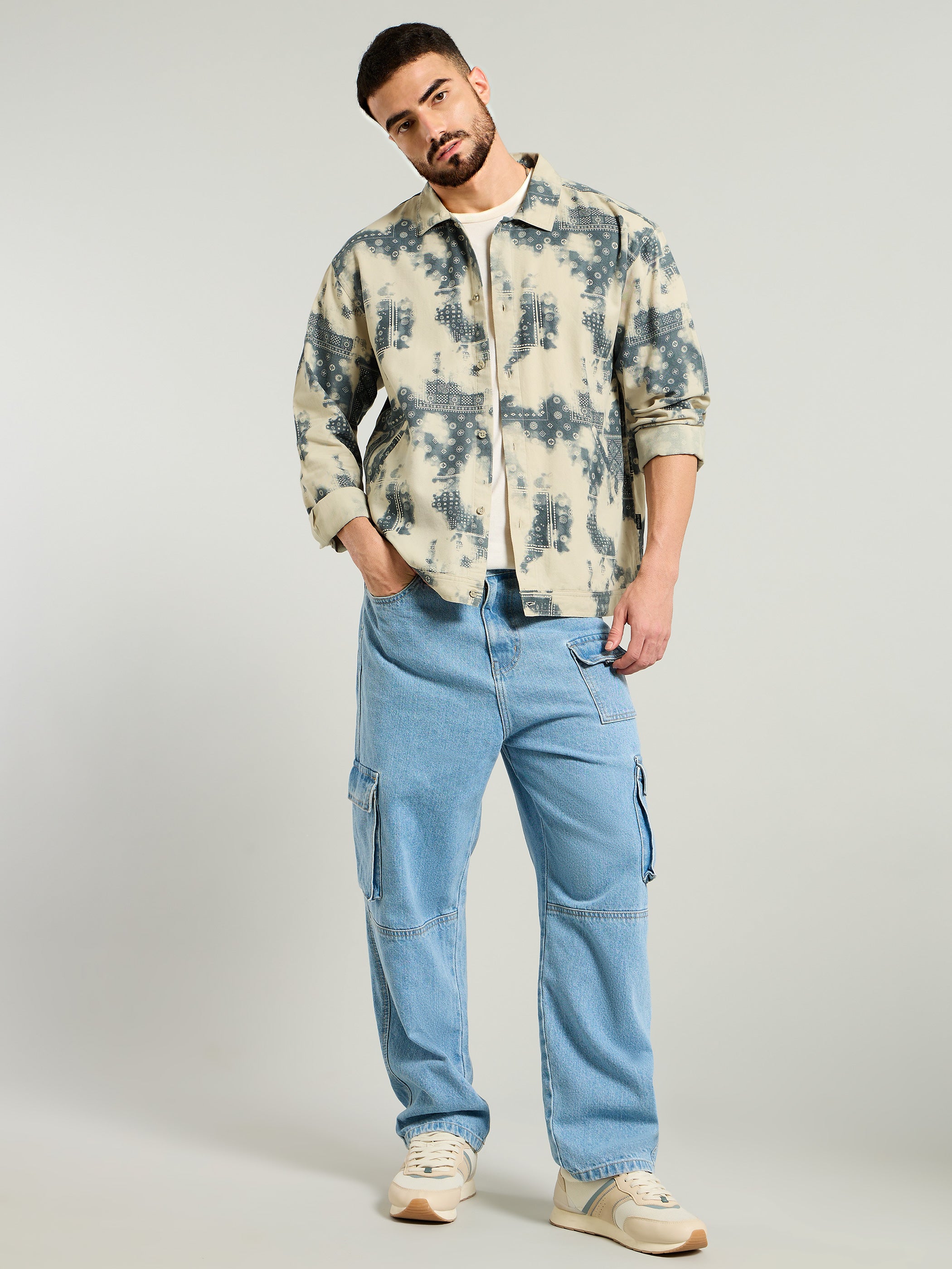 Bandana Print Shacket - Beige and Brown