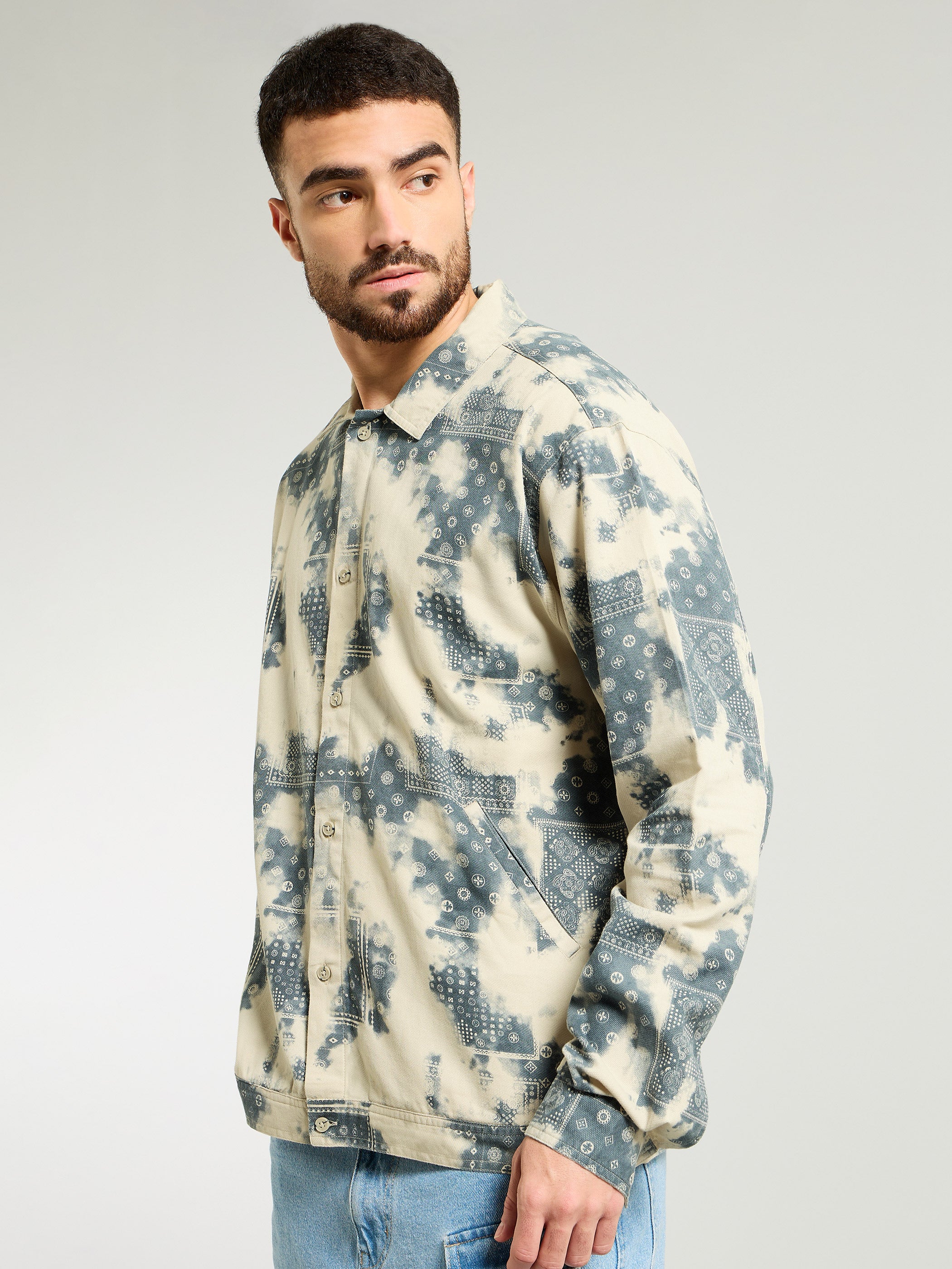 Bandana Print Shacket - Beige and Brown