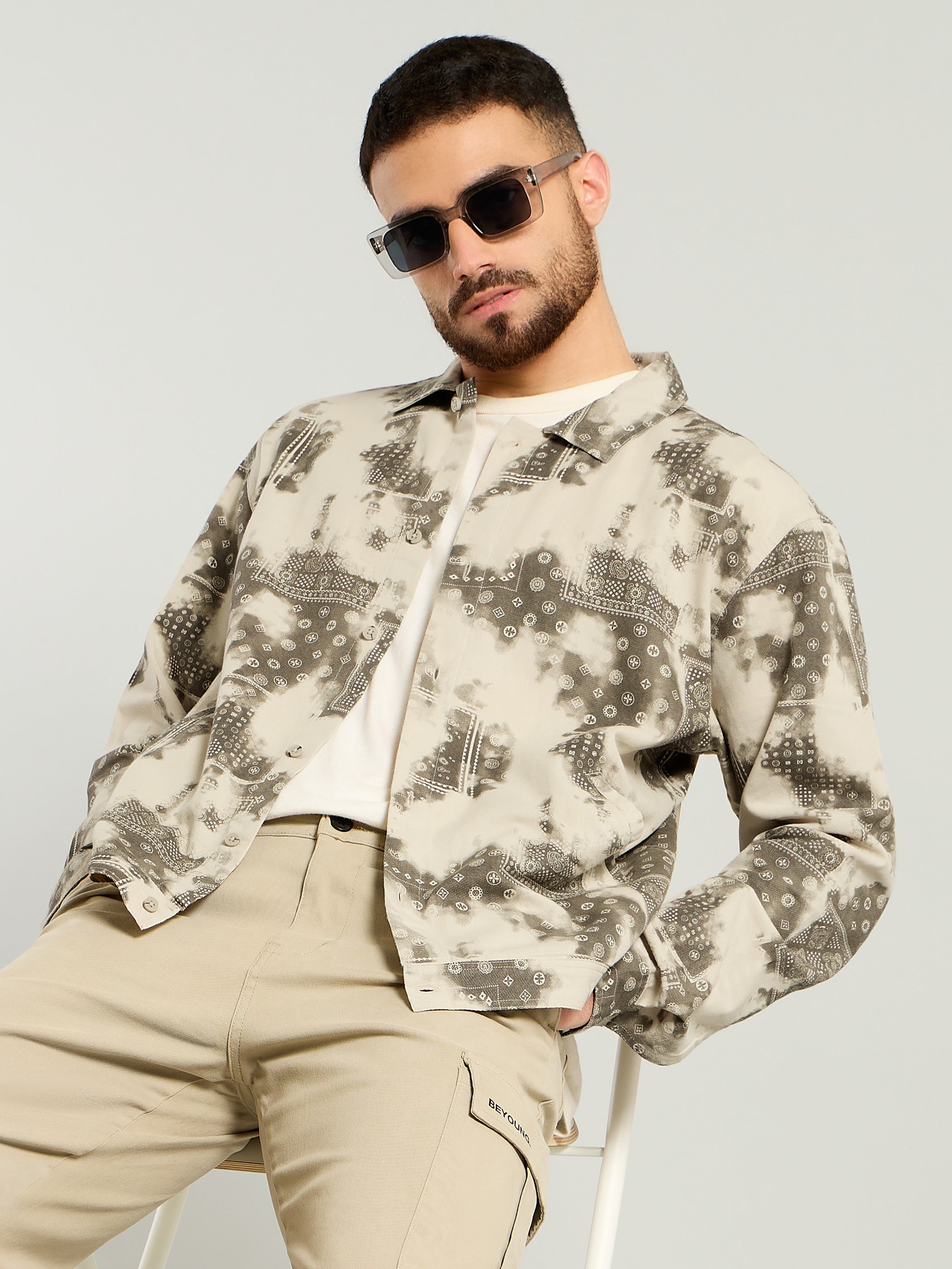 Bandana Print Shacket - Beige and Blue