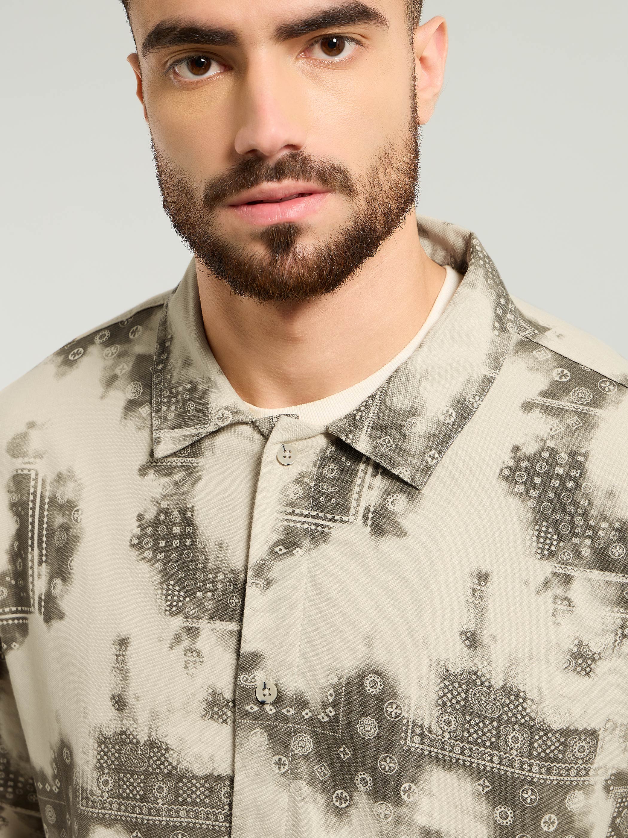 Bandana Print Shacket - Beige and Blue