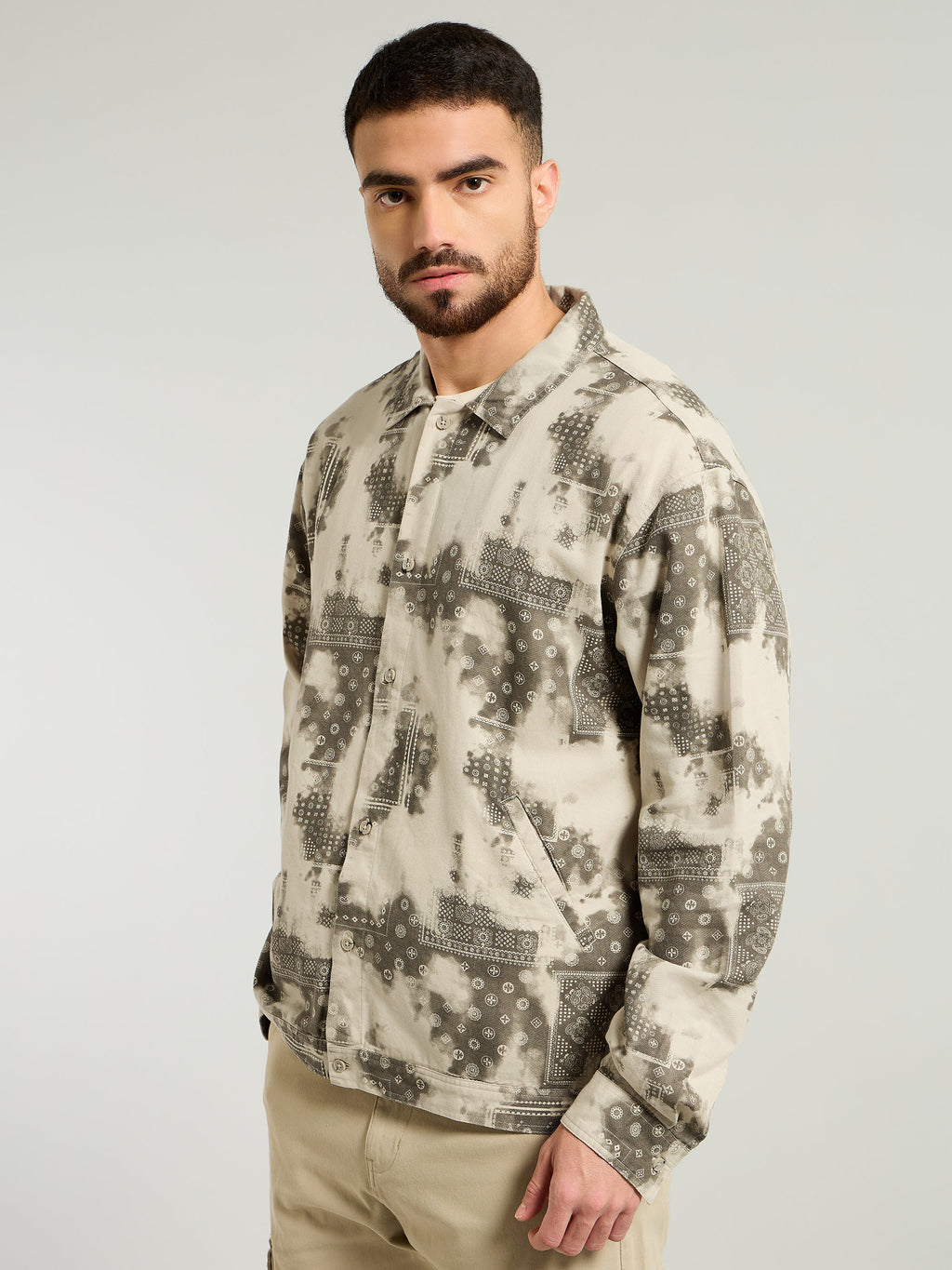 Bandana Print Shacket - Beige and Blue