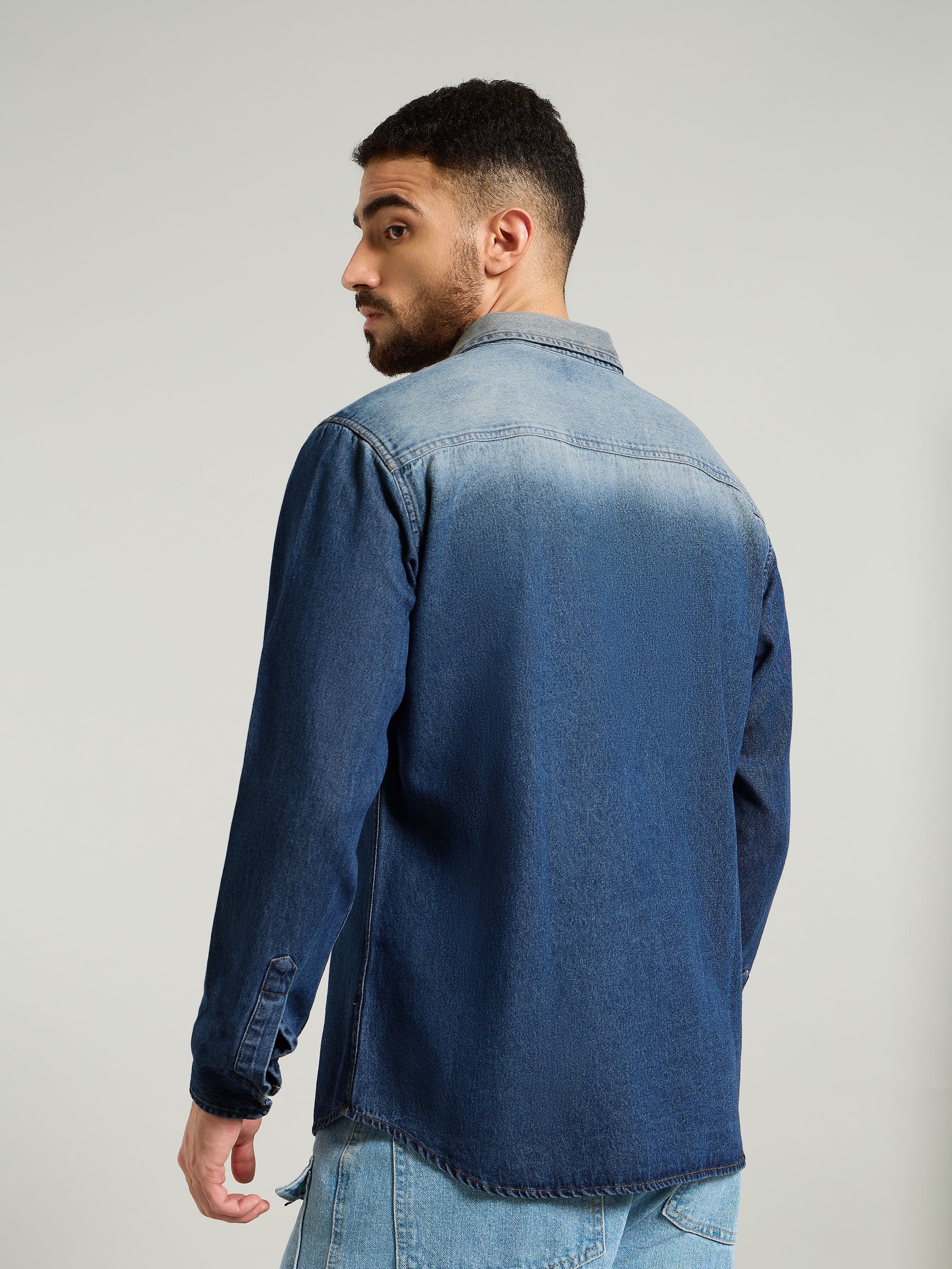 Ombre Denim Shirt For Men - Dark Blue