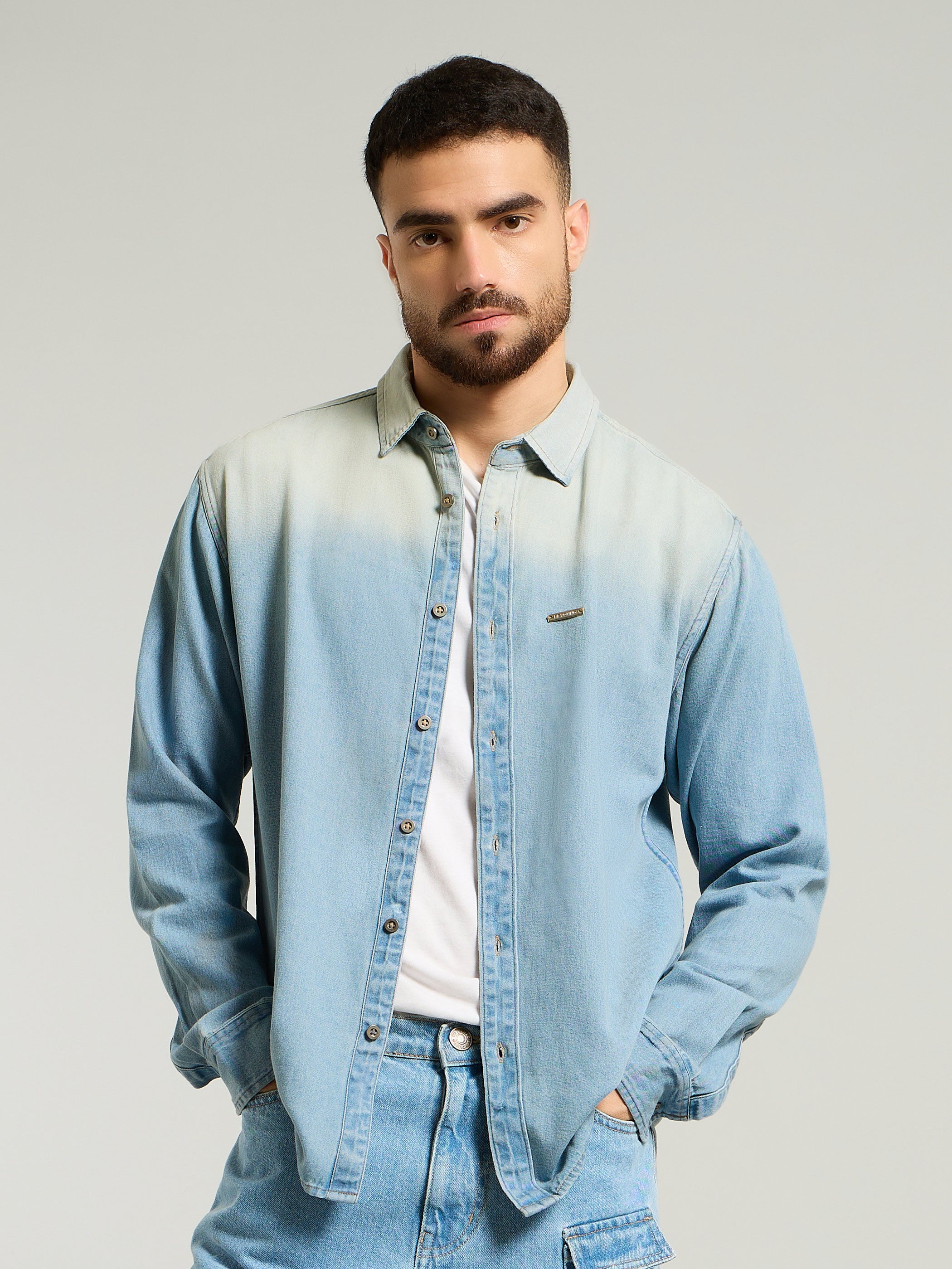Ombre Denim Shirt For Men - Light Blue