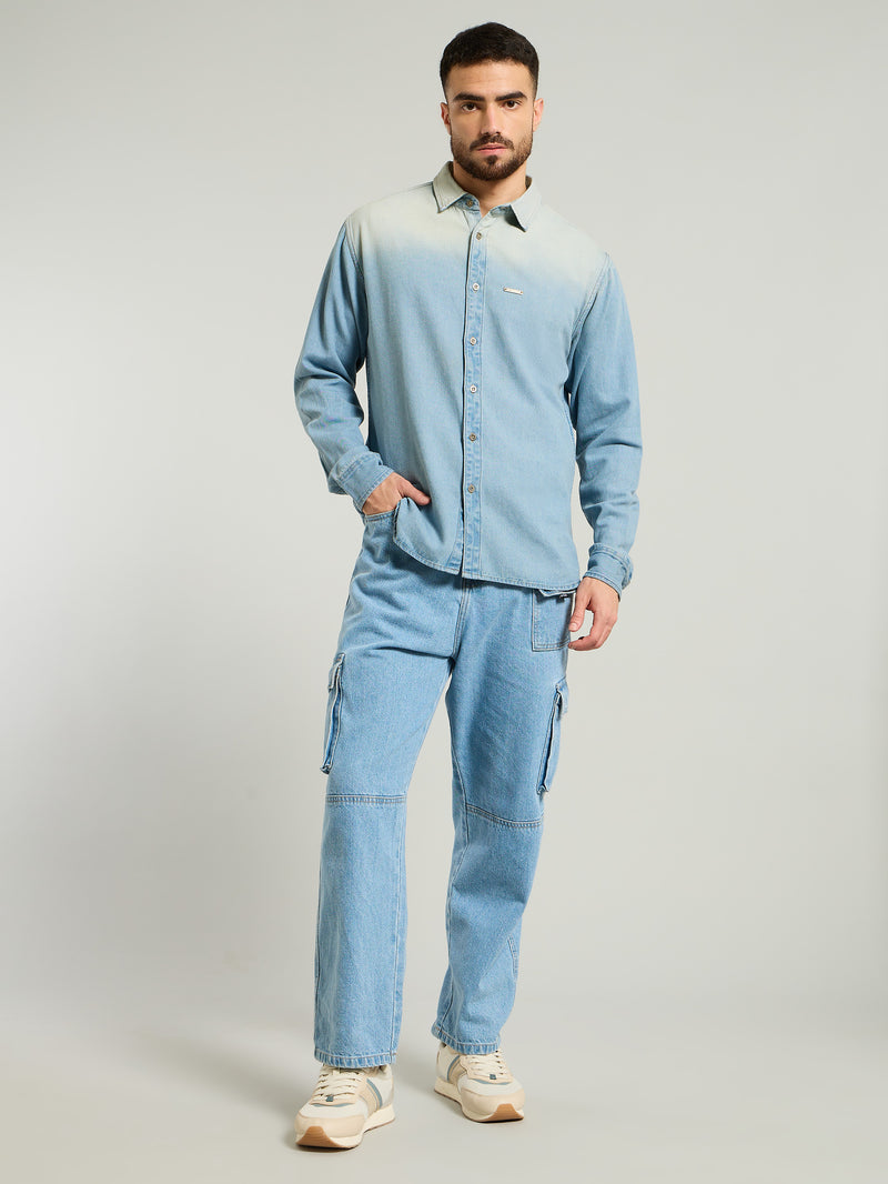 Ombre Denim Shirt For Men - Light Blue