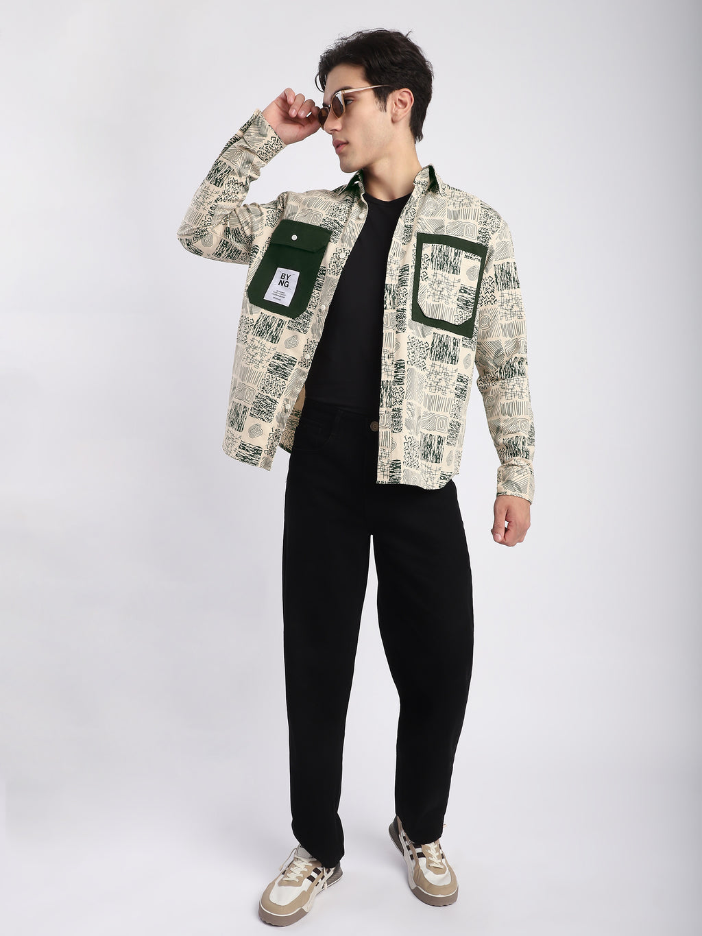 Geometric Abstract Printed Shacket - Green