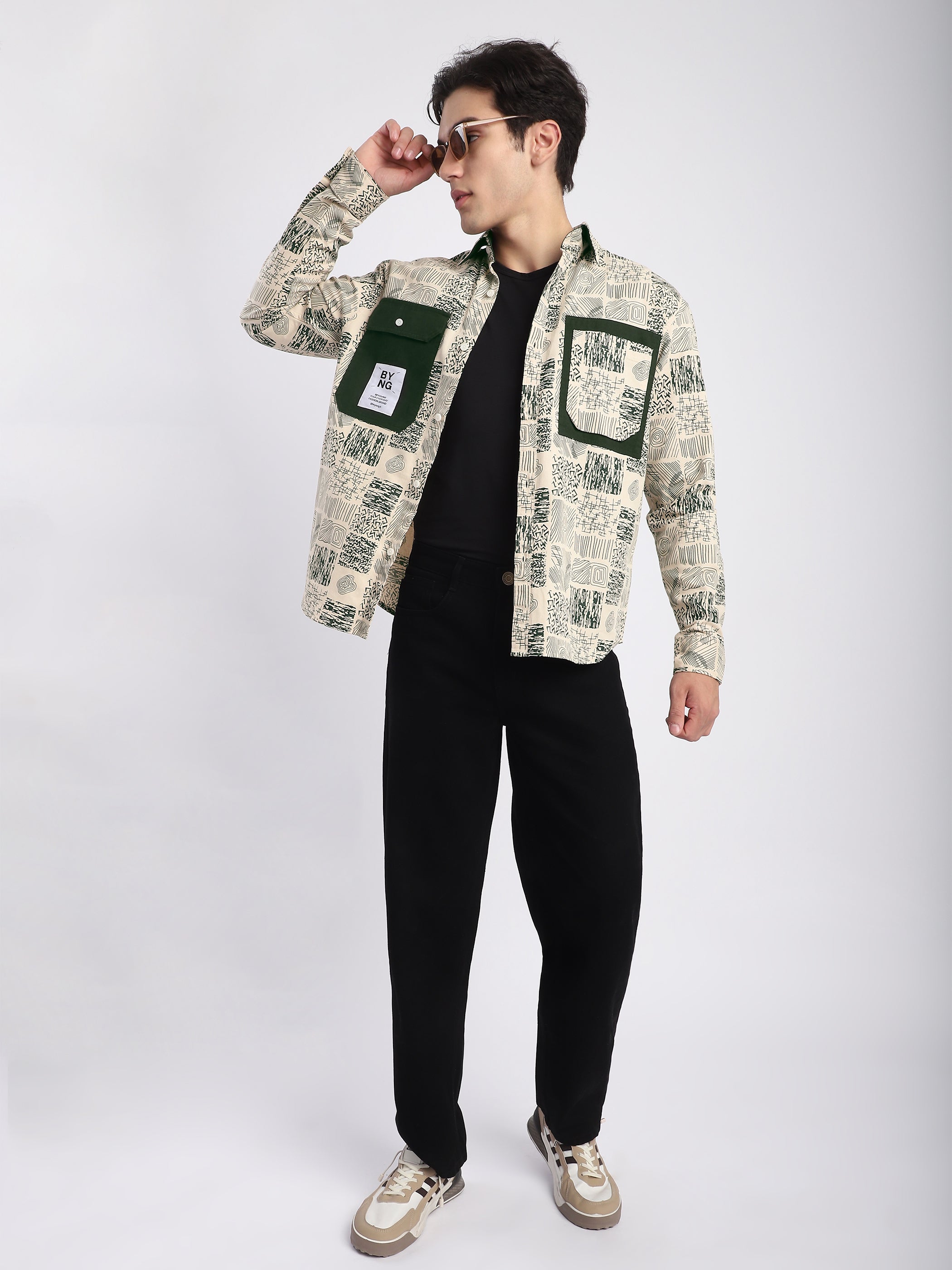 Geometric Abstract Printed Shacket - Green