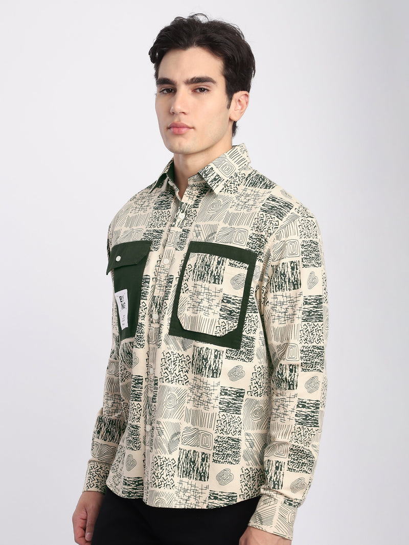 Geometric Abstract Printed Shacket - Green