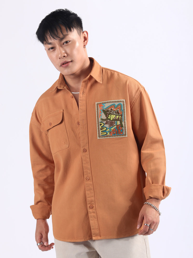 Embroidered Applique Patch Shirt - Orange