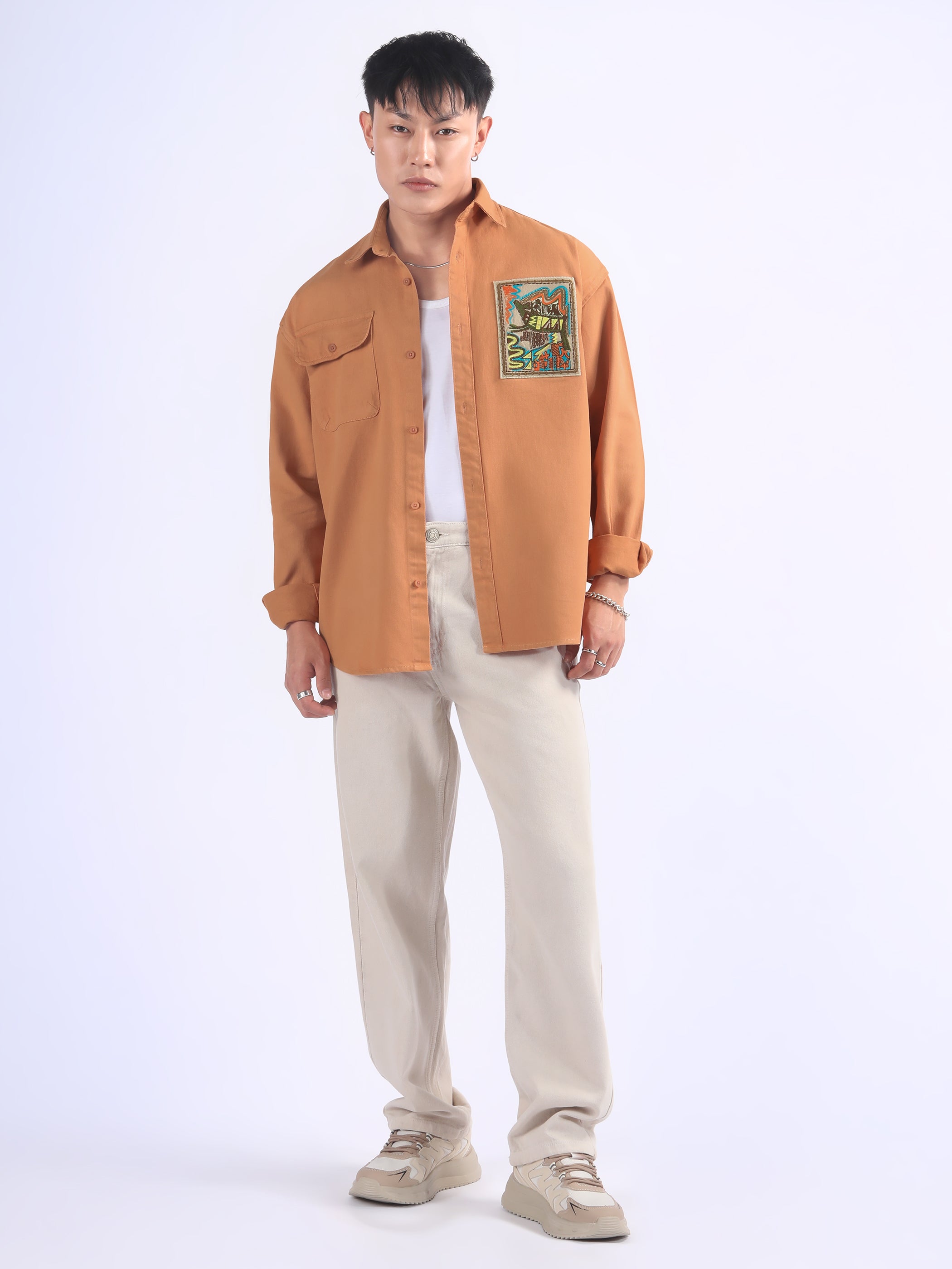 Embroidered Applique Patch Shirt - Orange