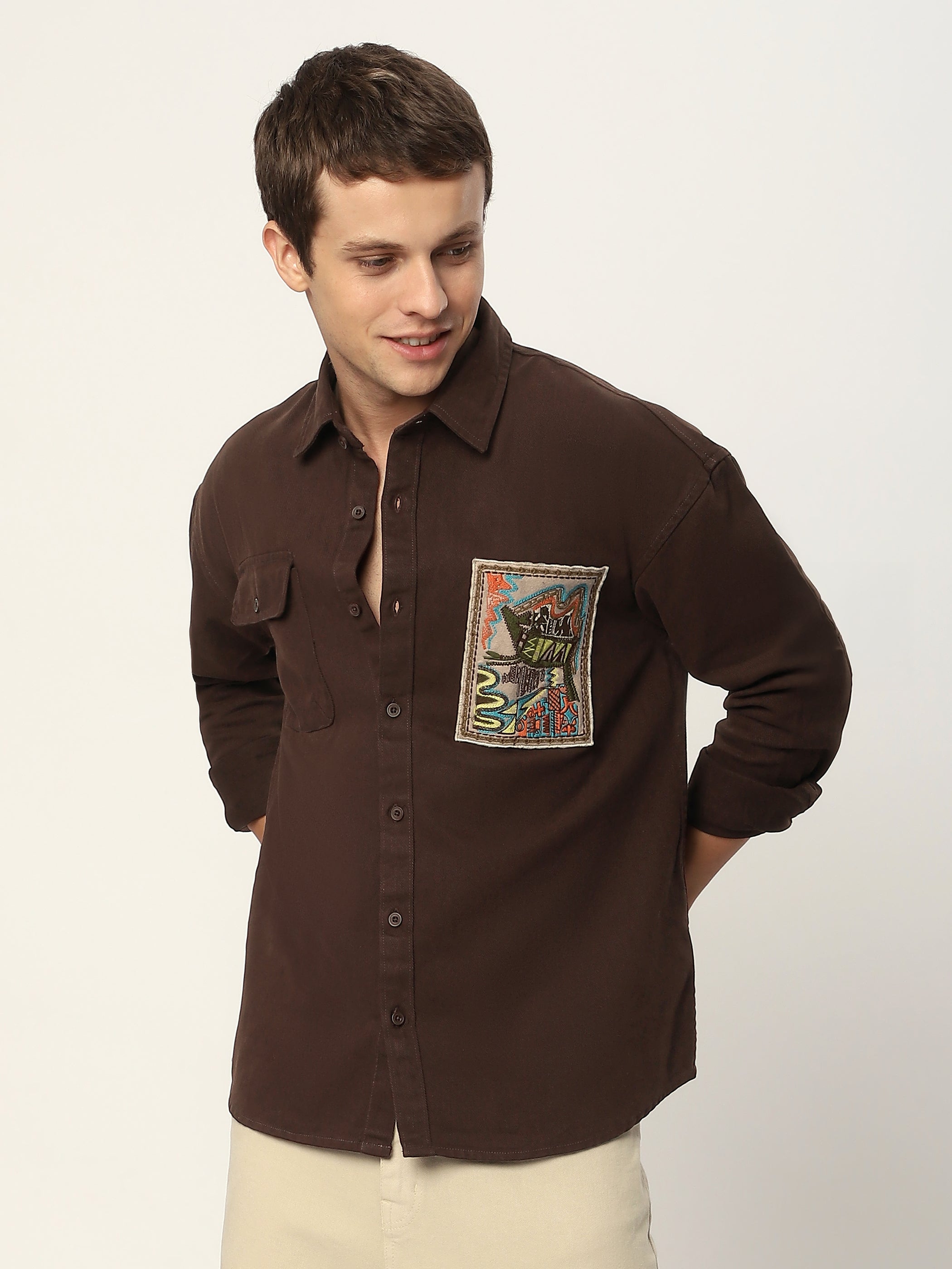Embroidered Applique Patch Shirt - Brown