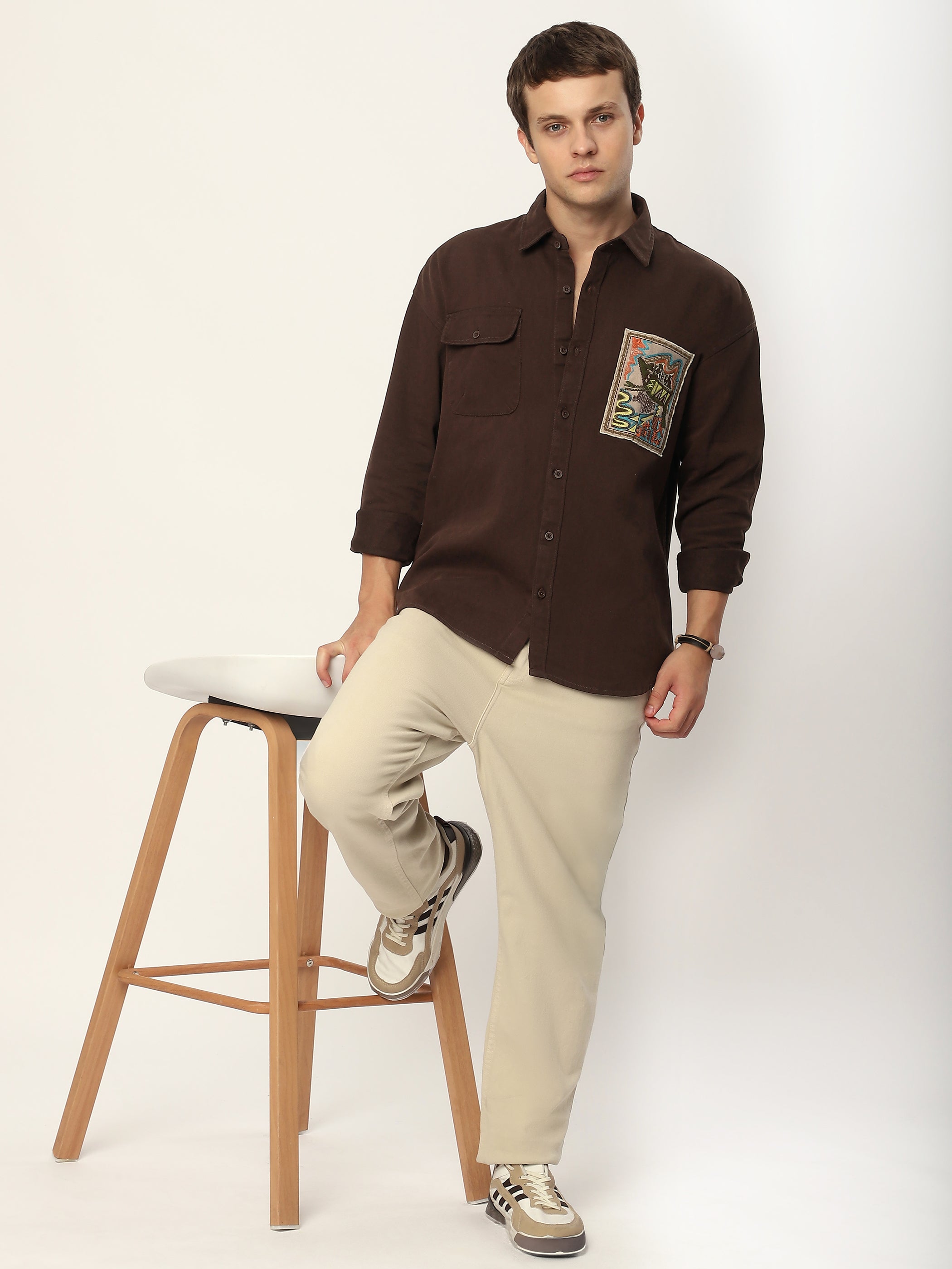 Embroidered Applique Patch Shirt - Brown