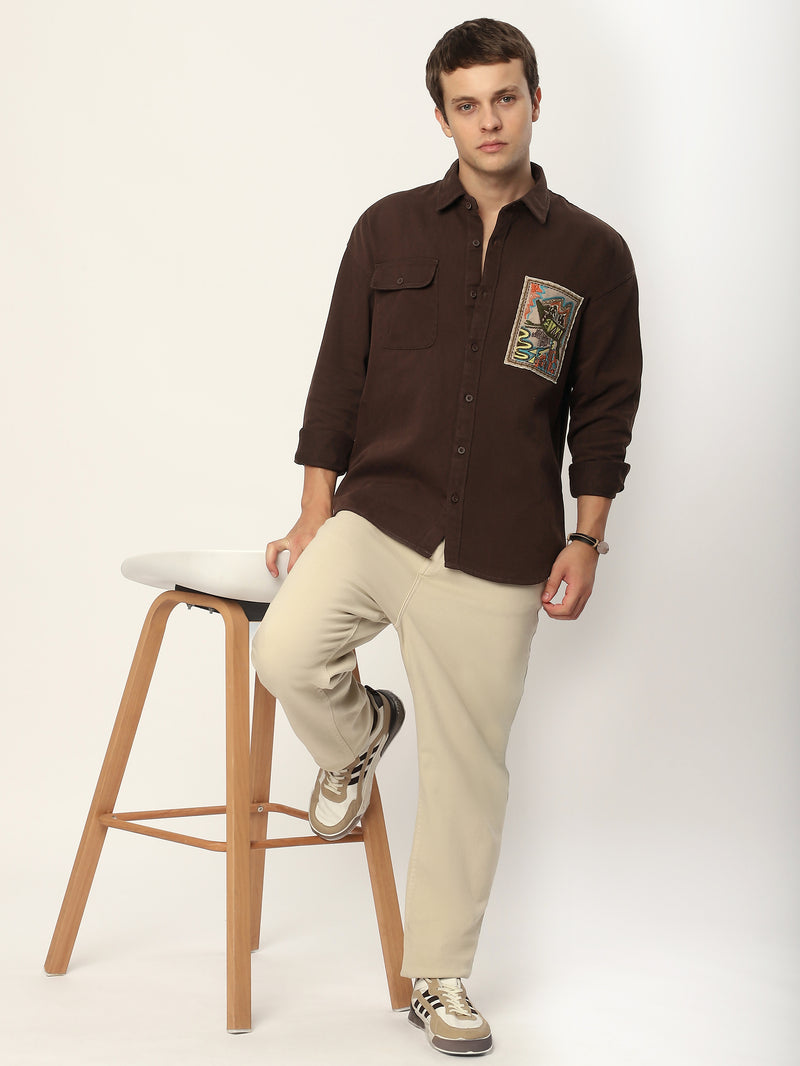 Embroidered Applique Patch Shirt - Brown