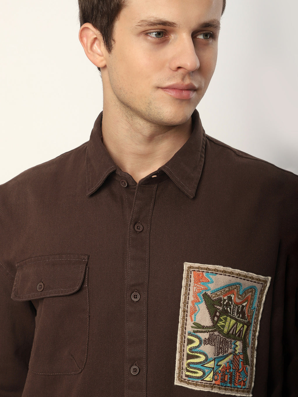 Embroidered Applique Patch Shirt - Brown