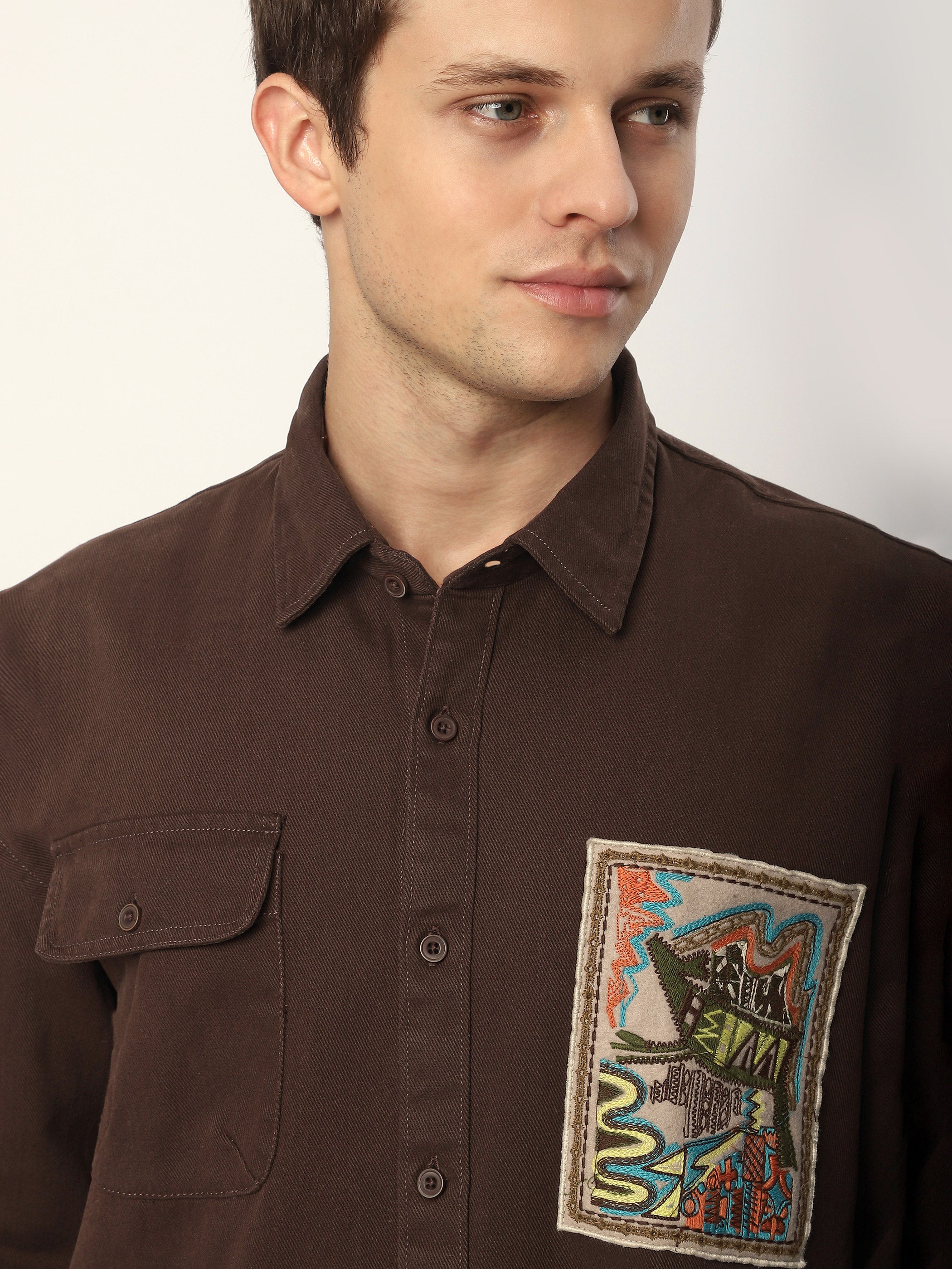 Embroidered Applique Patch Shirt - Brown